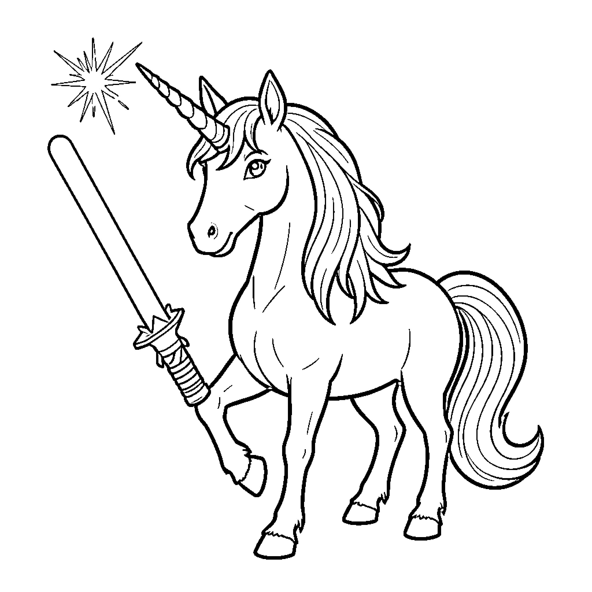 Unicorn wielding a magical sword Coloring Page (free black-and-white line drawing printable PDF for all, from beginners to advanced learners, including children, teens, adults, and seniors)