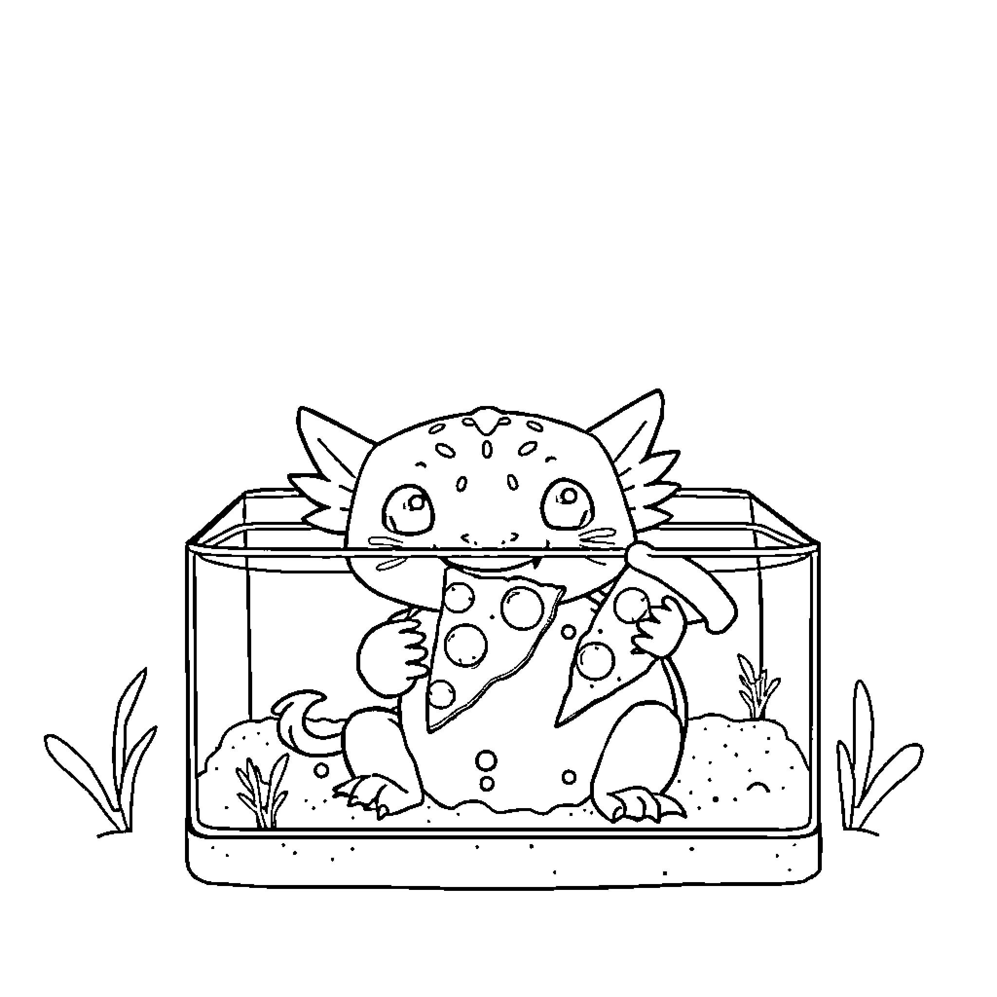 Axolotl in a Terrarium Coloring Page (free black-and-white line drawing printable PDF for all, from beginners to advanced learners, including children, teens, adults, and seniors)