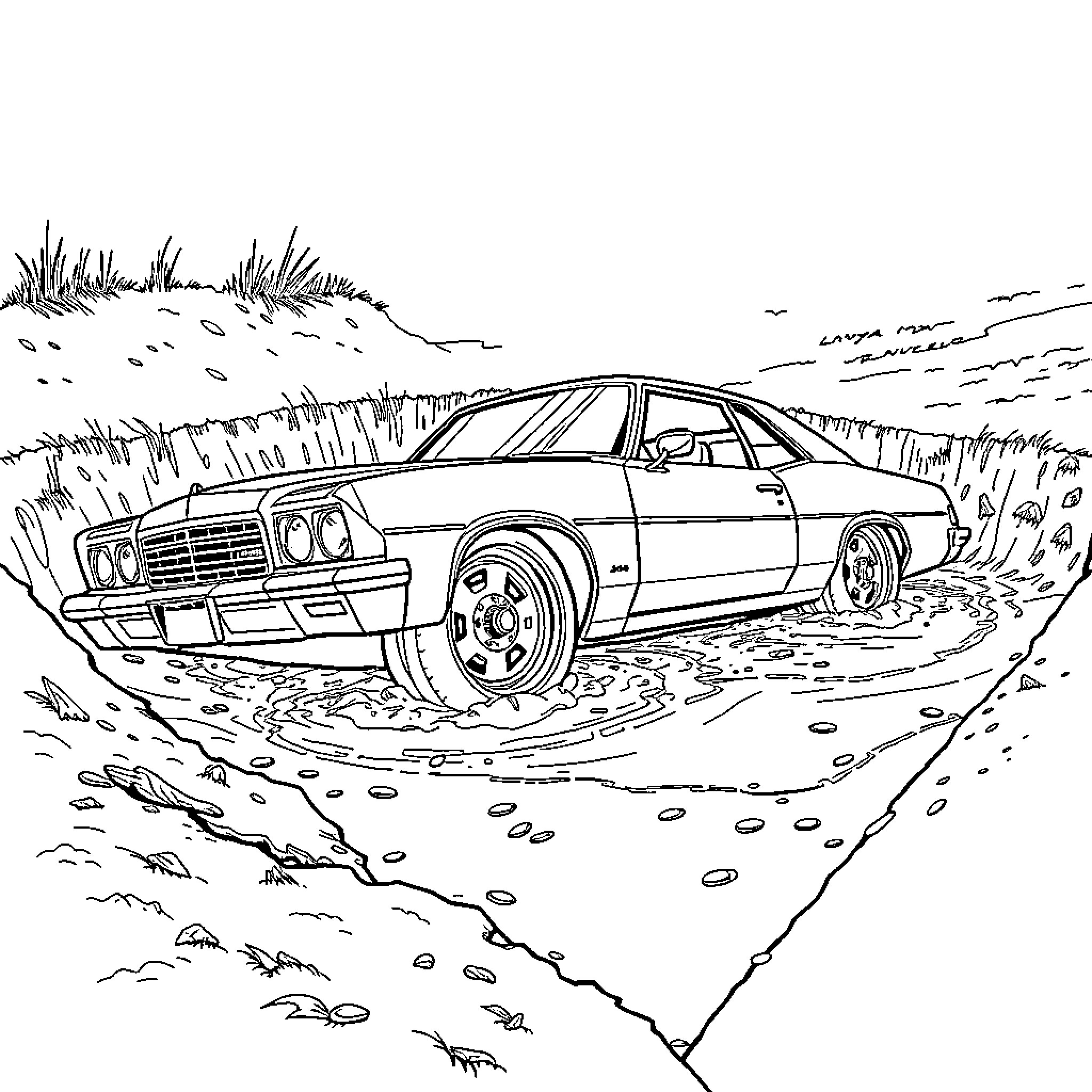 Lowrider cruising through rugged terrain Coloring Page (free black-and-white line drawing printable PDF for all, from beginners to advanced learners, including children, teens, adults, and seniors)