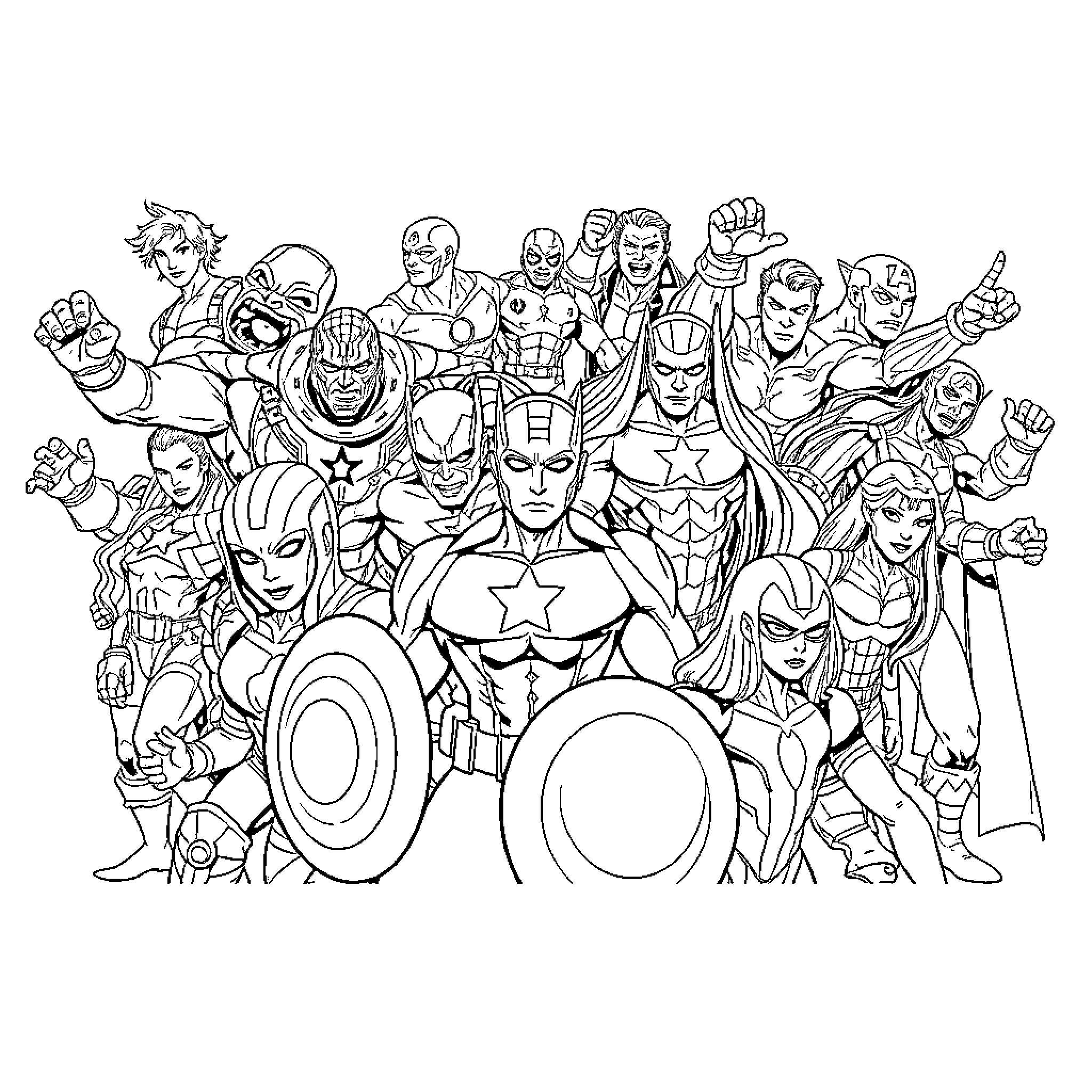 Avenger heroes in action-packed poses Coloring Page (free black-and-white line drawing printable PDF for all, from beginners to advanced learners, including children, teens, adults, and seniors)