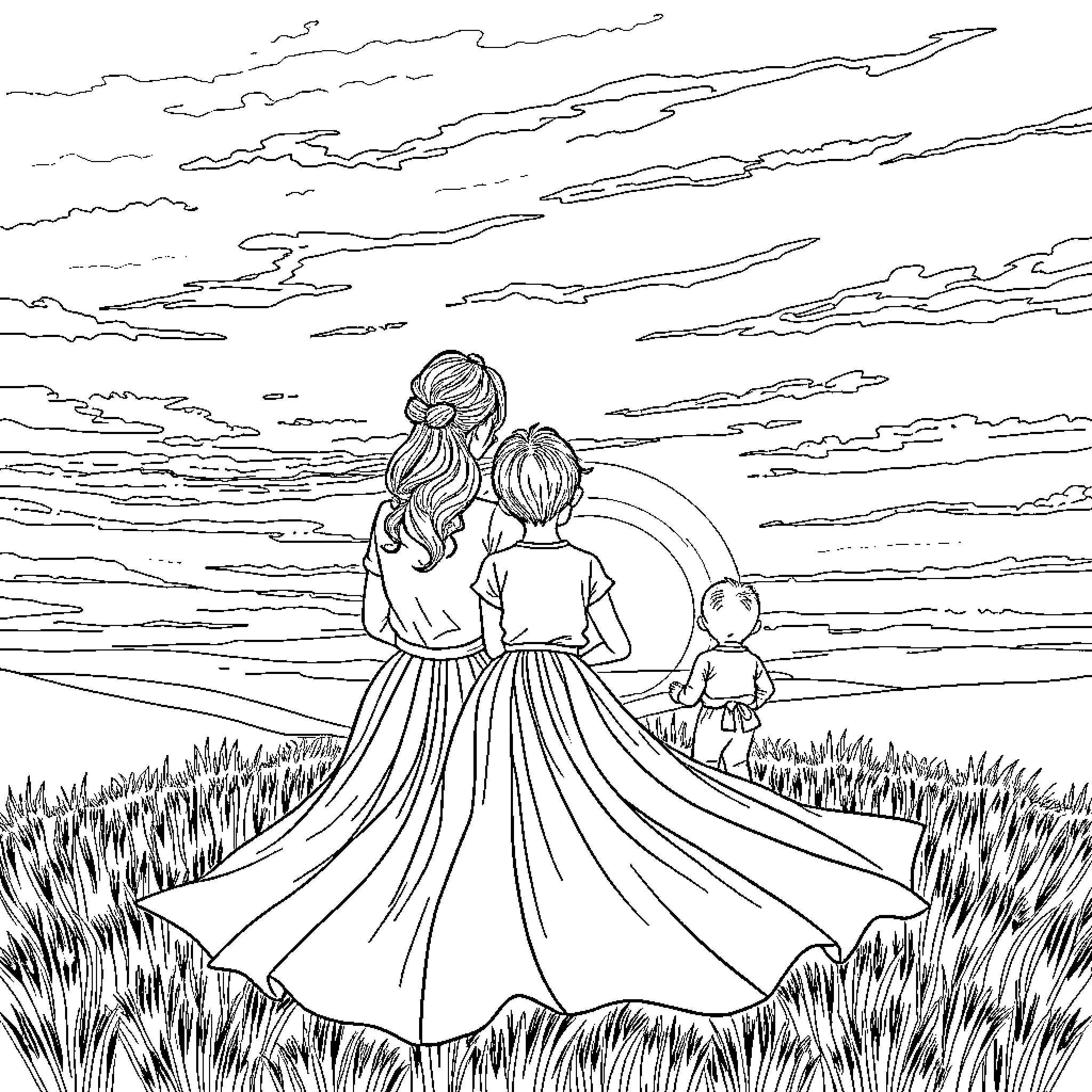 Family Silhouettes Strolling in a Grassy Field Coloring Page (free black-and-white line drawing printable PDF for all, from beginners to advanced learners, including children, teens, adults, and seniors)