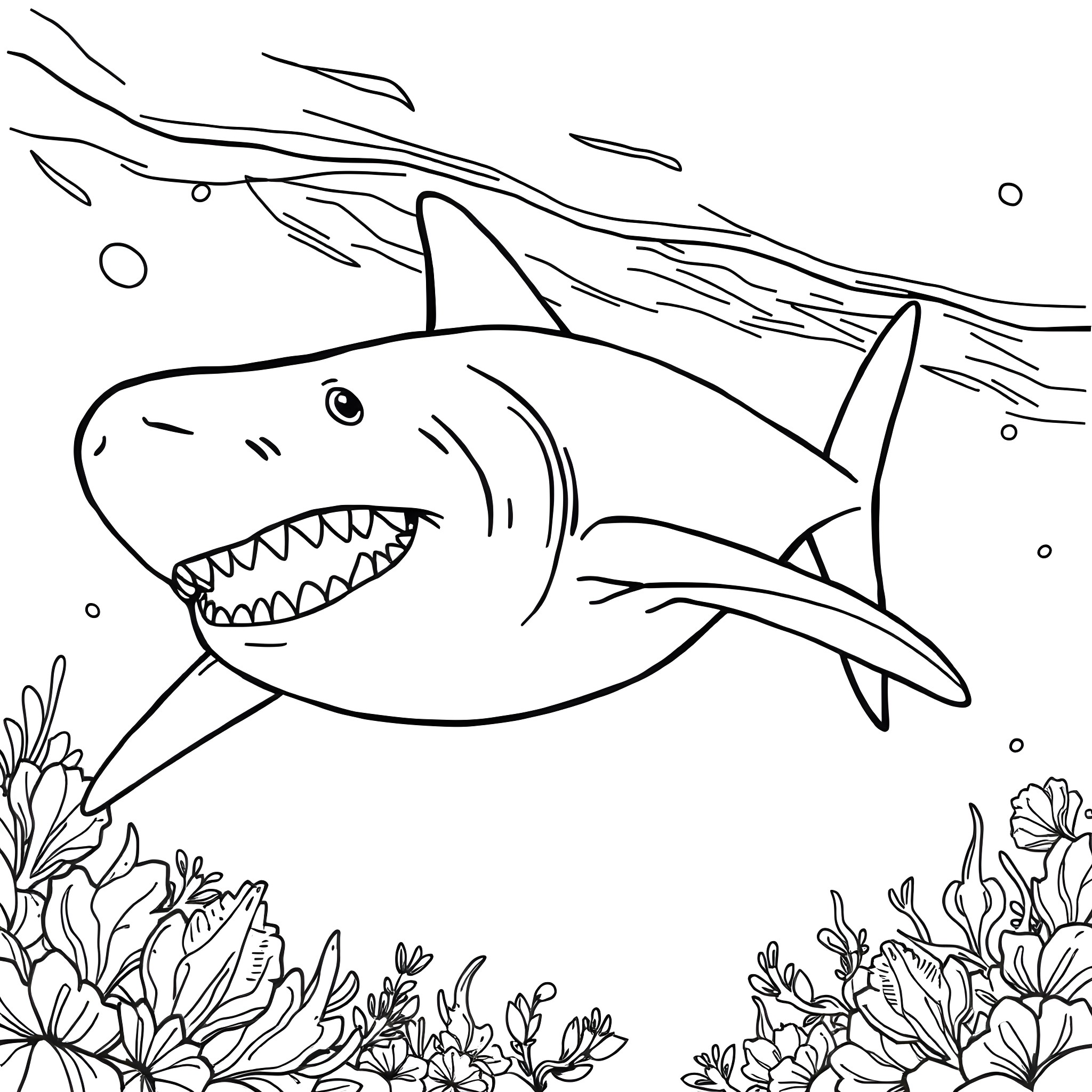 Sharkjira swimming among ocean plants Coloring Page (free black-and-white line drawing printable PDF for all, from beginners to advanced learners, including children, teens, adults, and seniors)