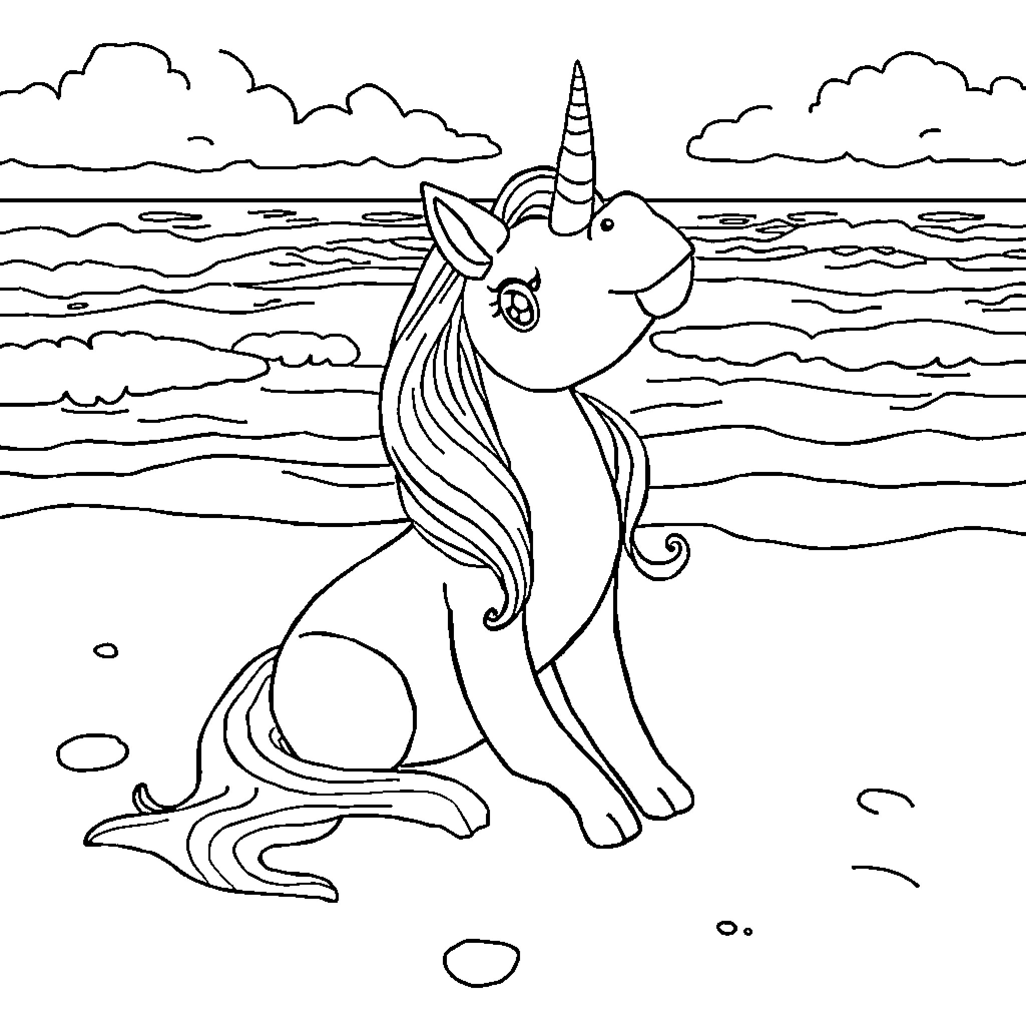 Licorne enjoying the seascape Coloring Page (free black-and-white line drawing printable PDF for all, from beginners to advanced learners, including children, teens, adults, and seniors)