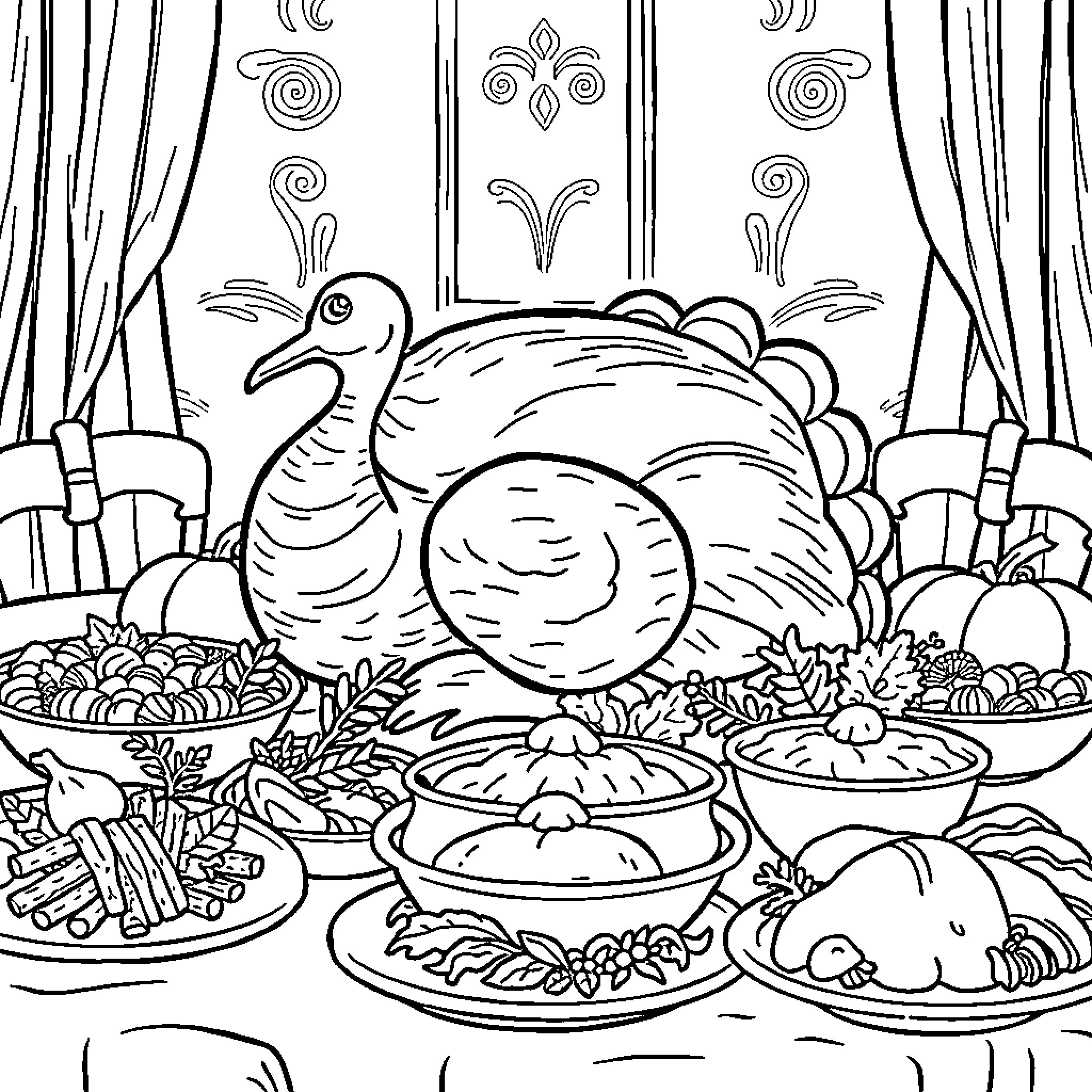 Turkey surrounded by traditional Thanksgiving dishes Coloring Page (free black-and-white line drawing printable PDF for all, from beginners to advanced learners, including children, teens, adults, and seniors)