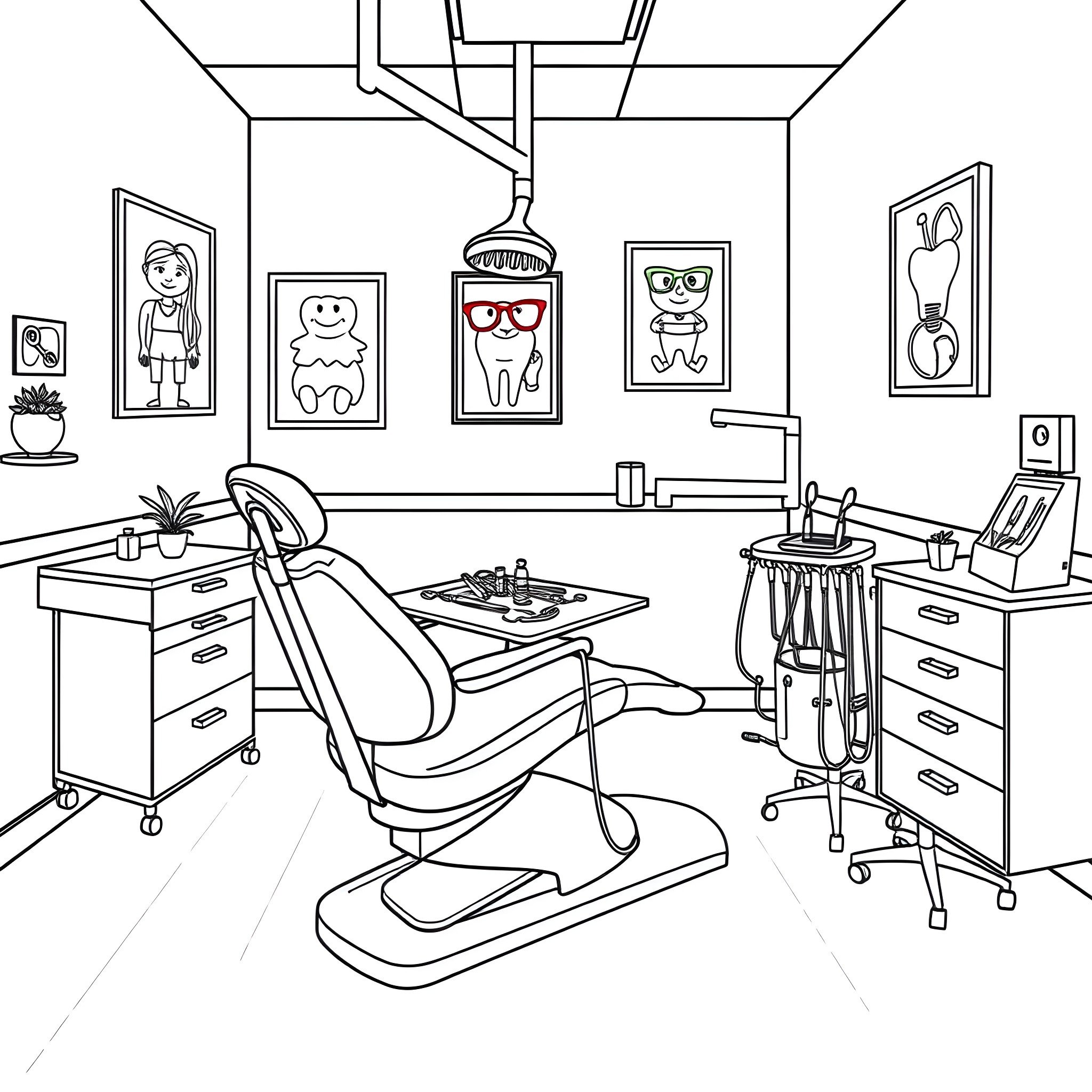 Dentist office with modern equipment and decor Coloring Page (free black-and-white line drawing printable PDF for all, from beginners to advanced learners, including children, teens, adults, and seniors)