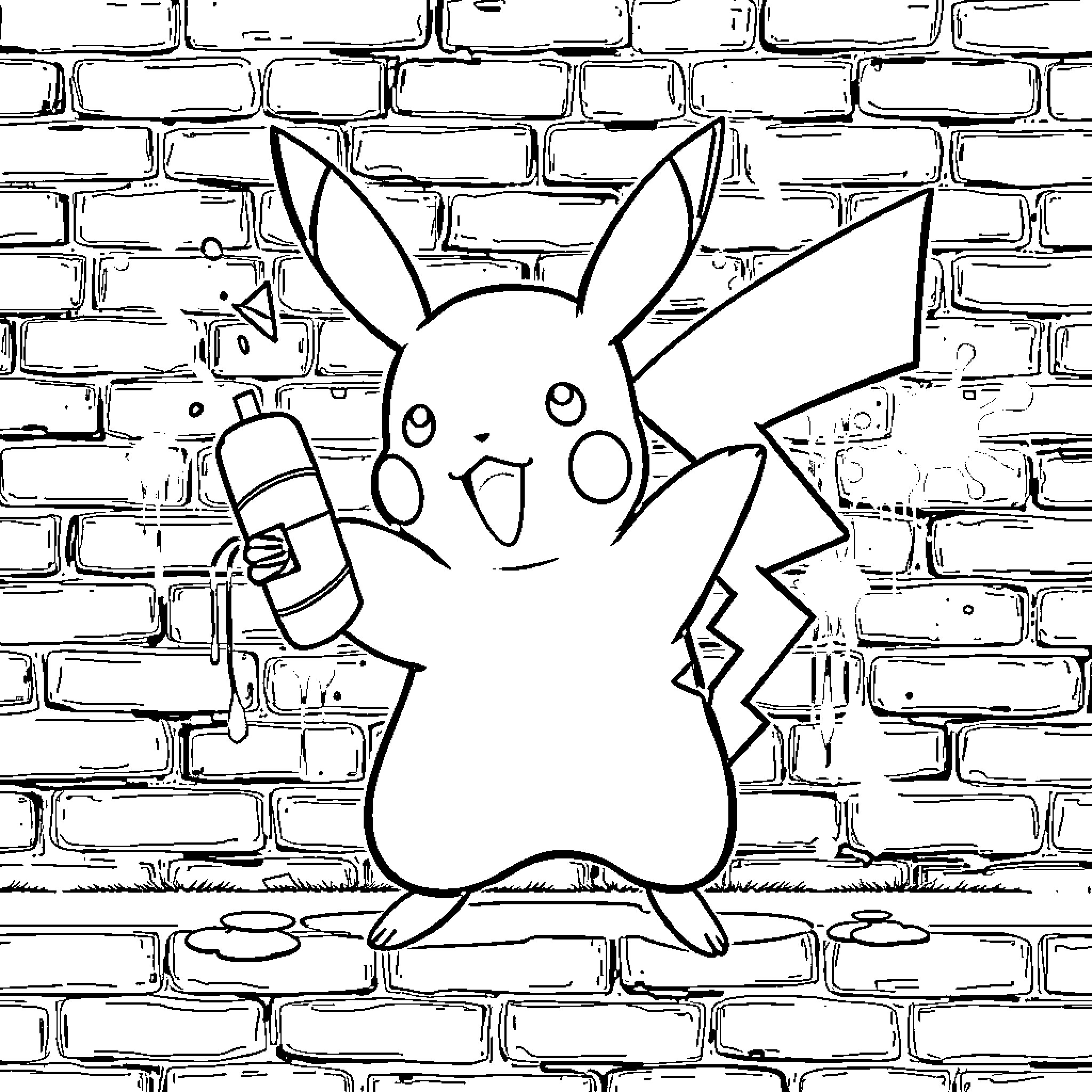 Pikachu holding a microphone in front of a brick wall Coloring Page (free black-and-white line drawing printable PDF for all, from beginners to advanced learners, including children, teens, adults, and seniors)