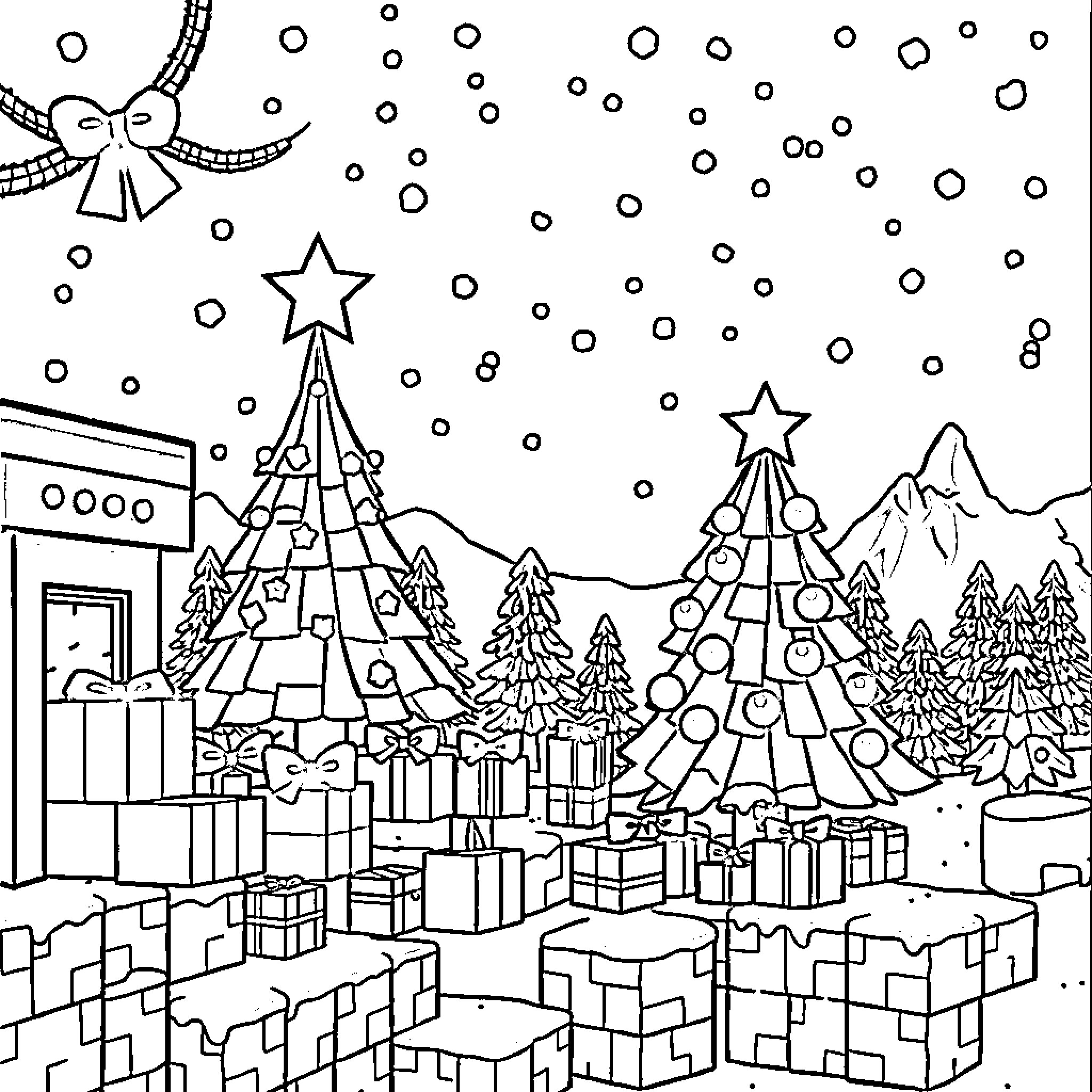 Minecraft winter wonderland with holiday decorations Coloring Page (free black-and-white line drawing printable PDF for all, from beginners to advanced learners, including children, teens, adults, and seniors)