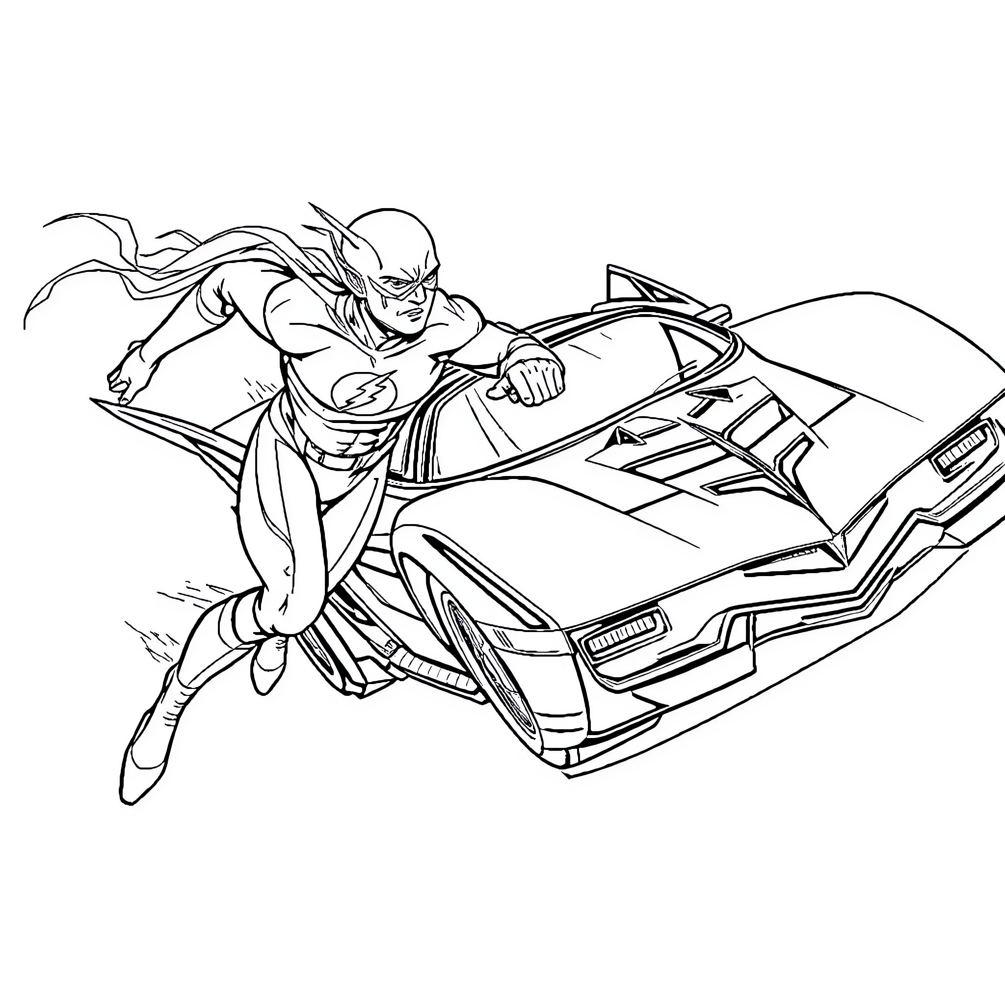 Flash races in futuristic vehicle Coloring Page (free black-and-white line drawing printable PDF for all, from beginners to advanced learners, including children, teens, adults, and seniors)