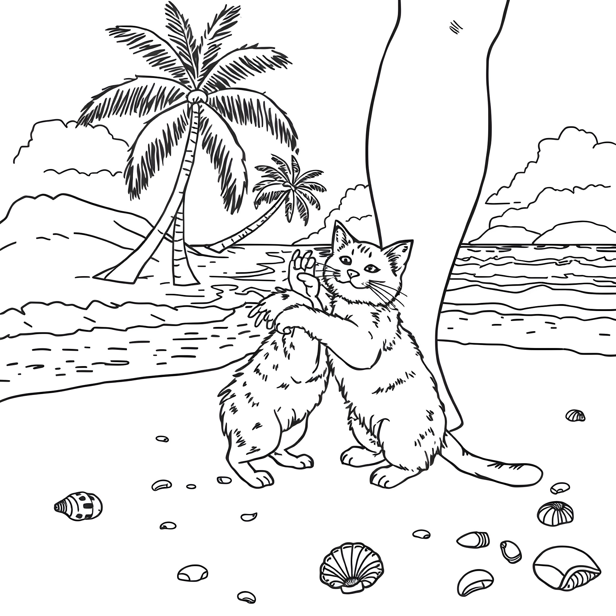 Gato playing on a tropical beach Coloring Page (free black-and-white line drawing printable PDF for all, from beginners to advanced learners, including children, teens, adults, and seniors)