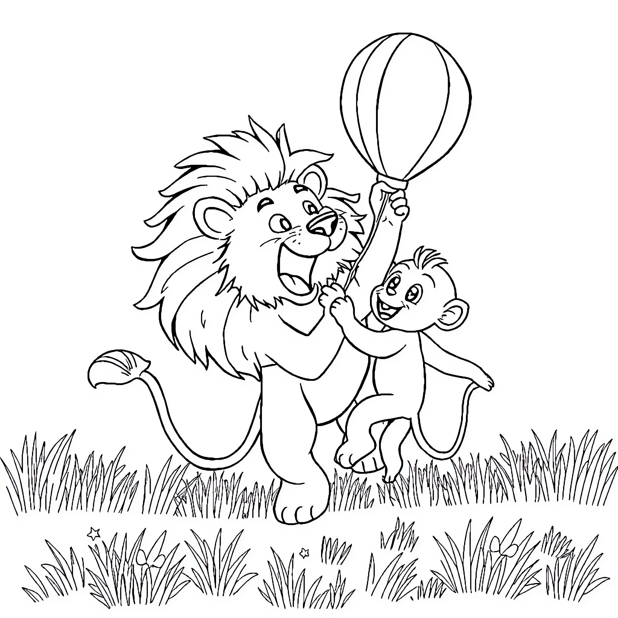 Lion playing joyfully with baby companion Coloring Page (free black-and-white line drawing printable PDF for all, from beginners to advanced learners, including children, teens, adults, and seniors)