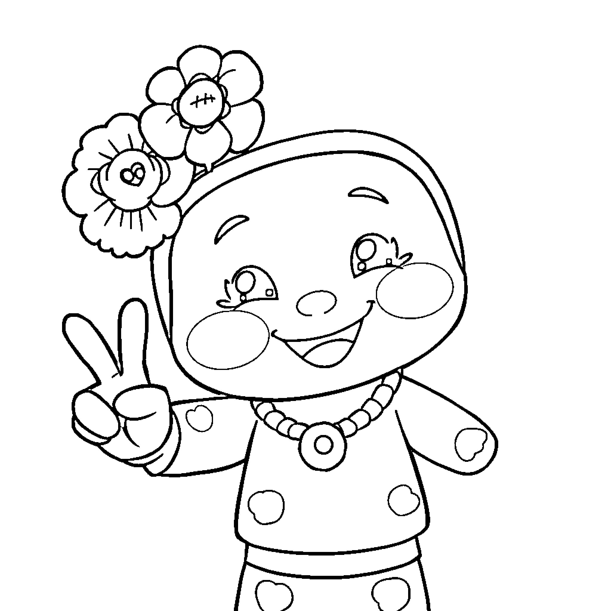 Labubu giving a peace sign with flower crown Coloring Page (free black-and-white line drawing printable PDF for all, from beginners to advanced learners, including children, teens, adults, and seniors)