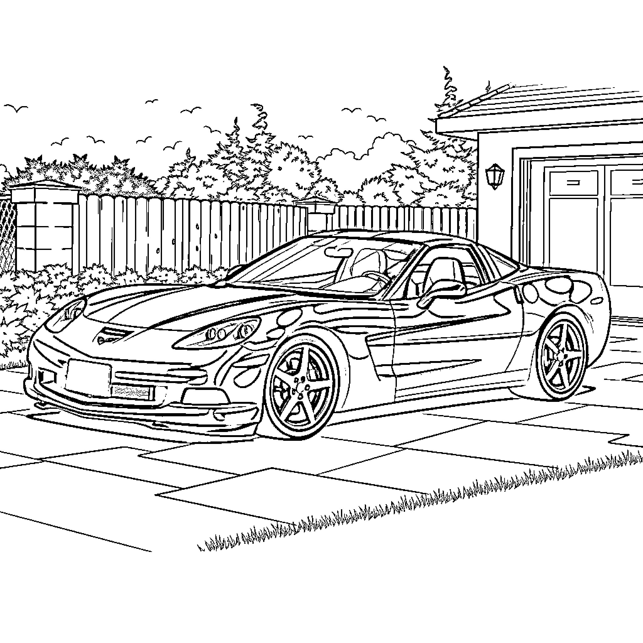 C5 Corvette parked in a suburban neighborhood Coloring Page (free black-and-white line drawing printable PDF for all, from beginners to advanced learners, including children, teens, adults, and seniors)