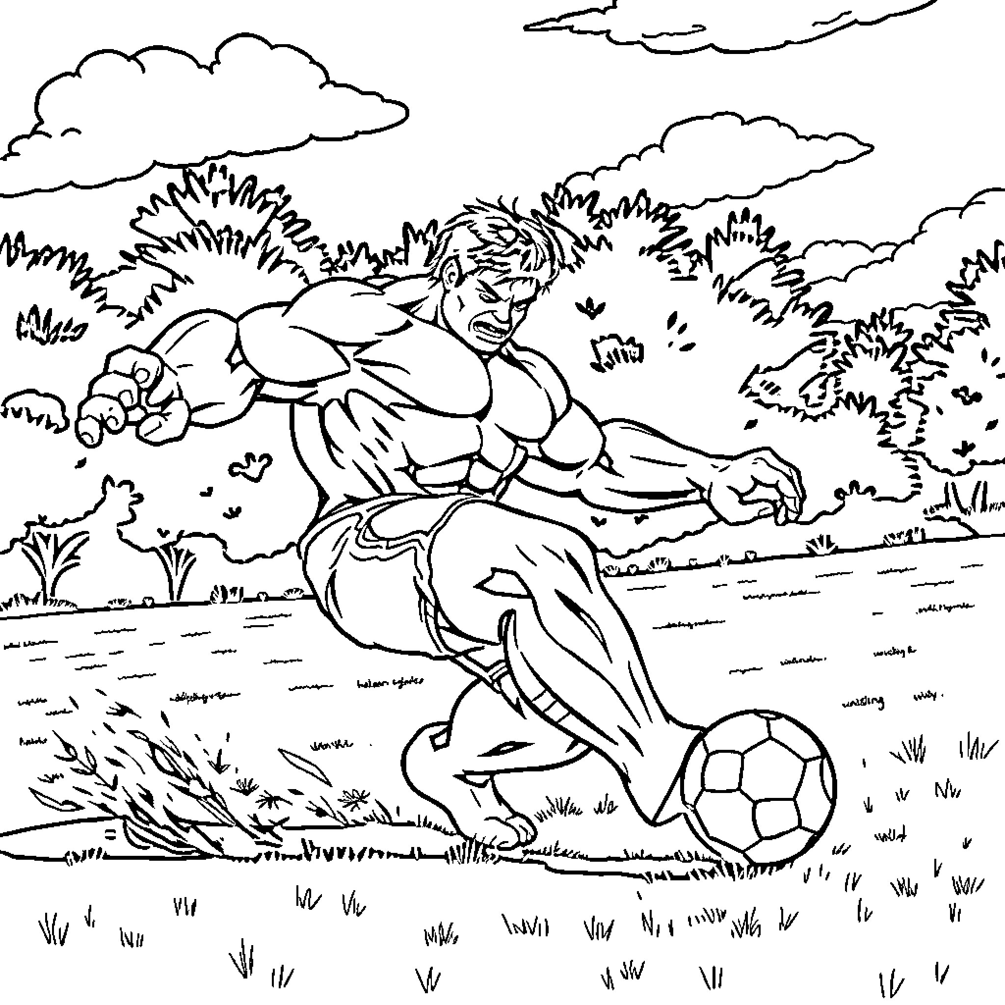 Hulk playing soccer in the countryside Coloring Page (free black-and-white line drawing printable PDF for all, from beginners to advanced learners, including children, teens, adults, and seniors)