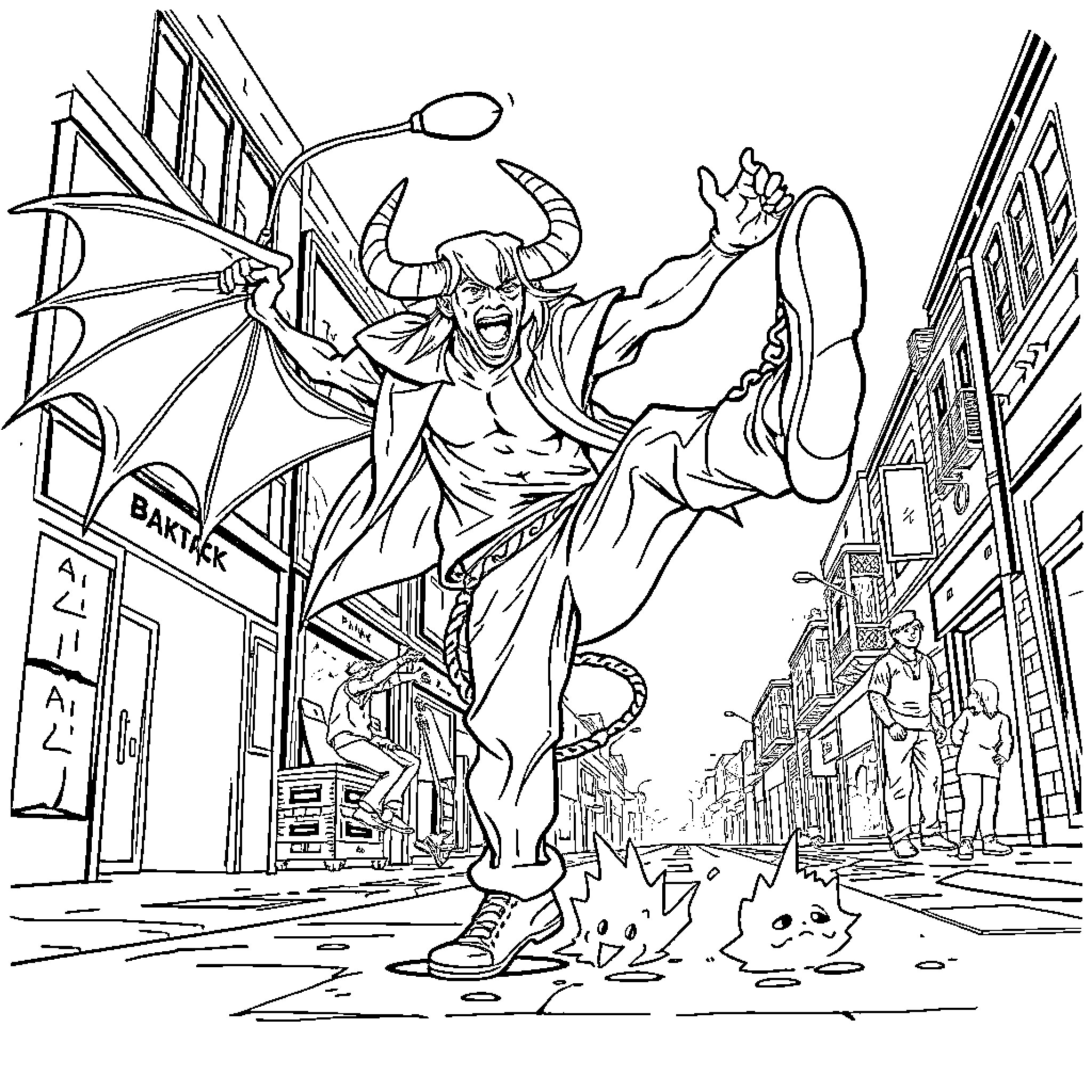 Demon Hunter Rampaging Through the City Streets Coloring Page (free black-and-white line drawing printable PDF for all, from beginners to advanced learners, including children, teens, adults, and seniors)