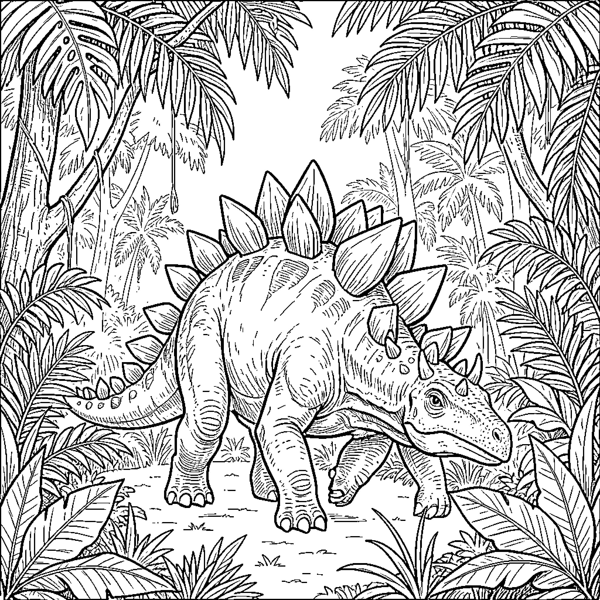Stegosaurus exploring the prehistoric jungle Coloring Page (free black-and-white line drawing printable PDF for all, from beginners to advanced learners, including children, teens, adults, and seniors)