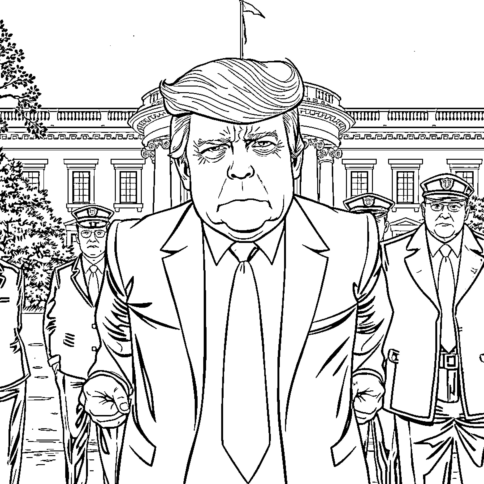 Donald Trump Surrounded by Security in Front of the White House Coloring Page (free black-and-white line drawing printable PDF for all, from beginners to advanced learners, including children, teens, adults, and seniors)