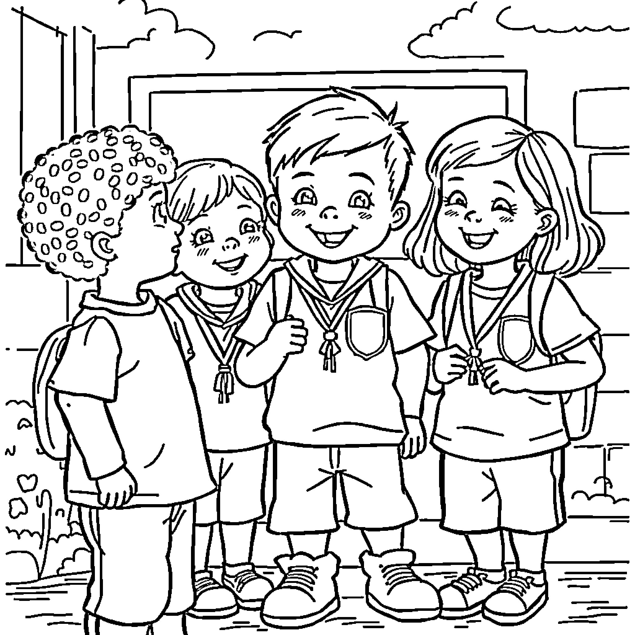 Child Friends Posing Together Happily Coloring Page (free black-and-white line drawing printable PDF for all, from beginners to advanced learners, including children, teens, adults, and seniors)