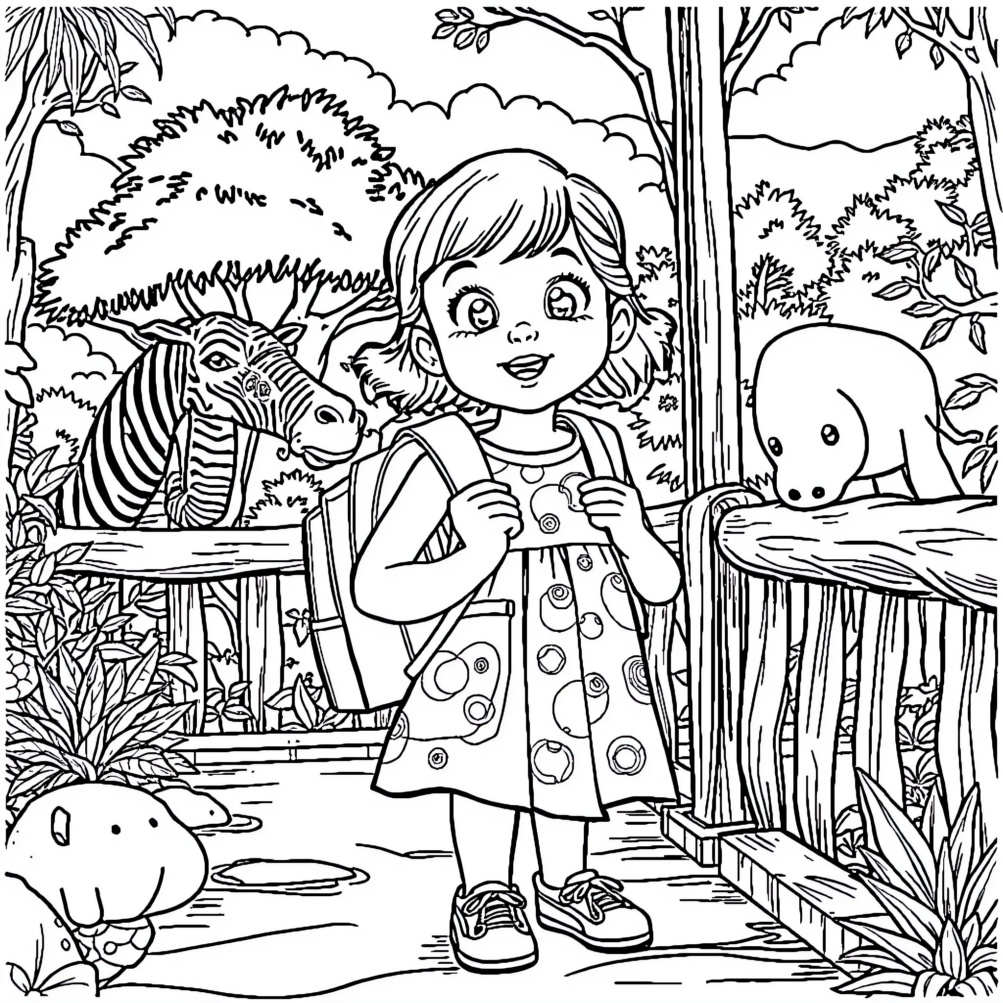 Girl exploring the enchanting forest with animals Coloring Page (free black-and-white line drawing printable PDF for all, from beginners to advanced learners, including children, teens, adults, and seniors)