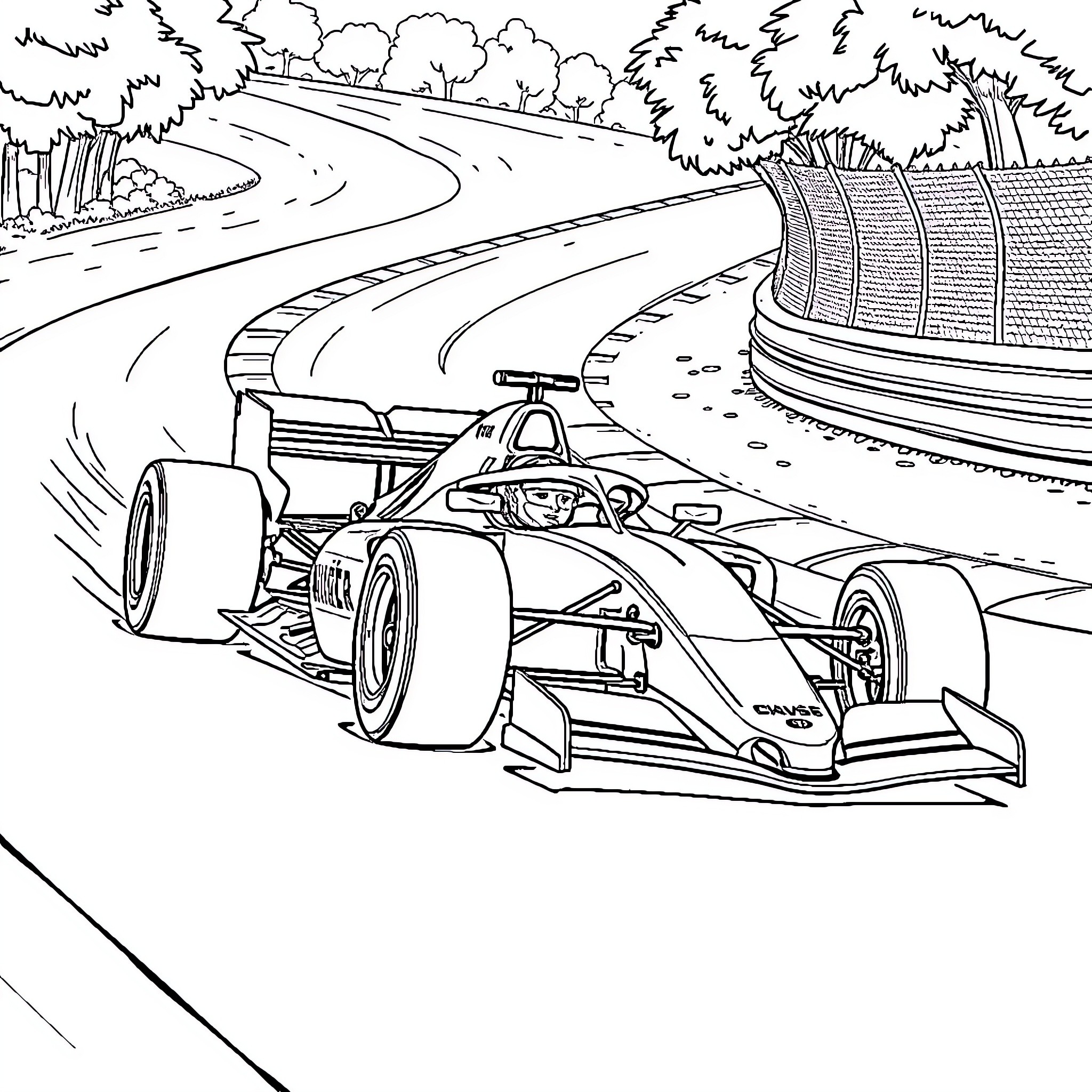 Formula 1 Race Car on Winding Racing Circuit Coloring Page (free black-and-white line drawing printable PDF for all, from beginners to advanced learners, including children, teens, adults, and seniors)