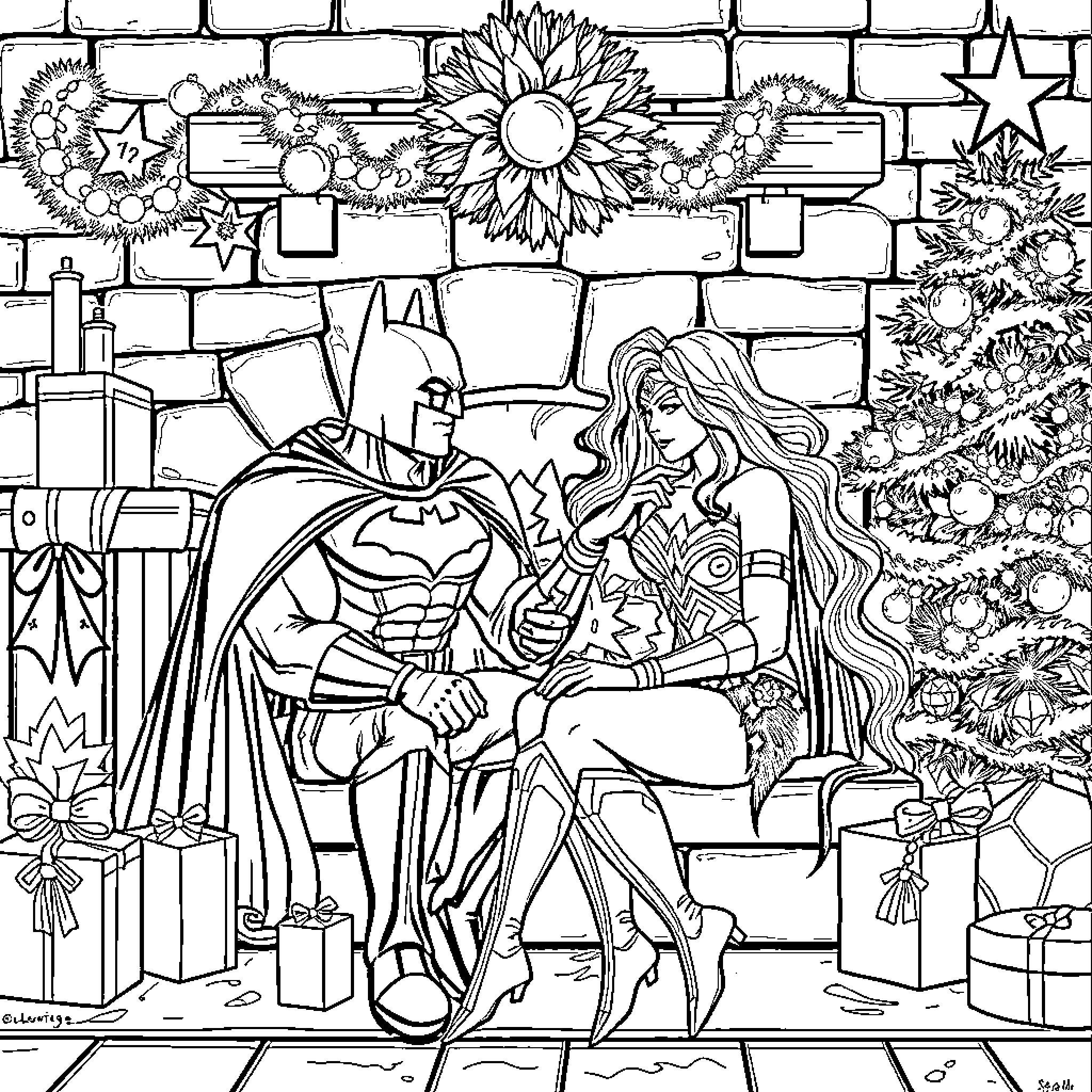 Batman and Wonder Woman in holiday setting Coloring Page (free black-and-white line drawing printable PDF for all, from beginners to advanced learners, including children, teens, adults, and seniors)