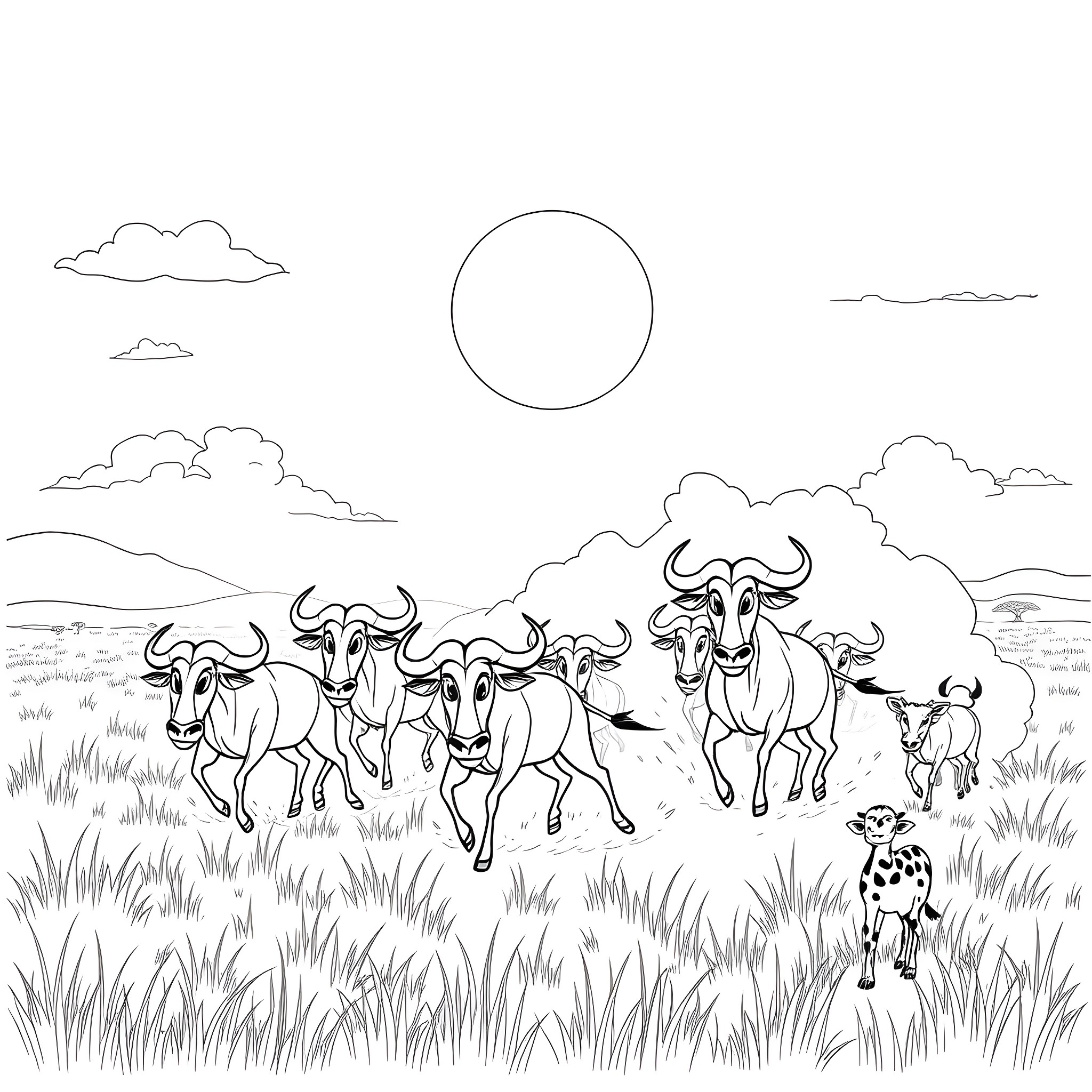 Wildebeest herd roaming the grasslands Coloring Page (free black-and-white line drawing printable PDF for all, from beginners to advanced learners, including children, teens, adults, and seniors)
