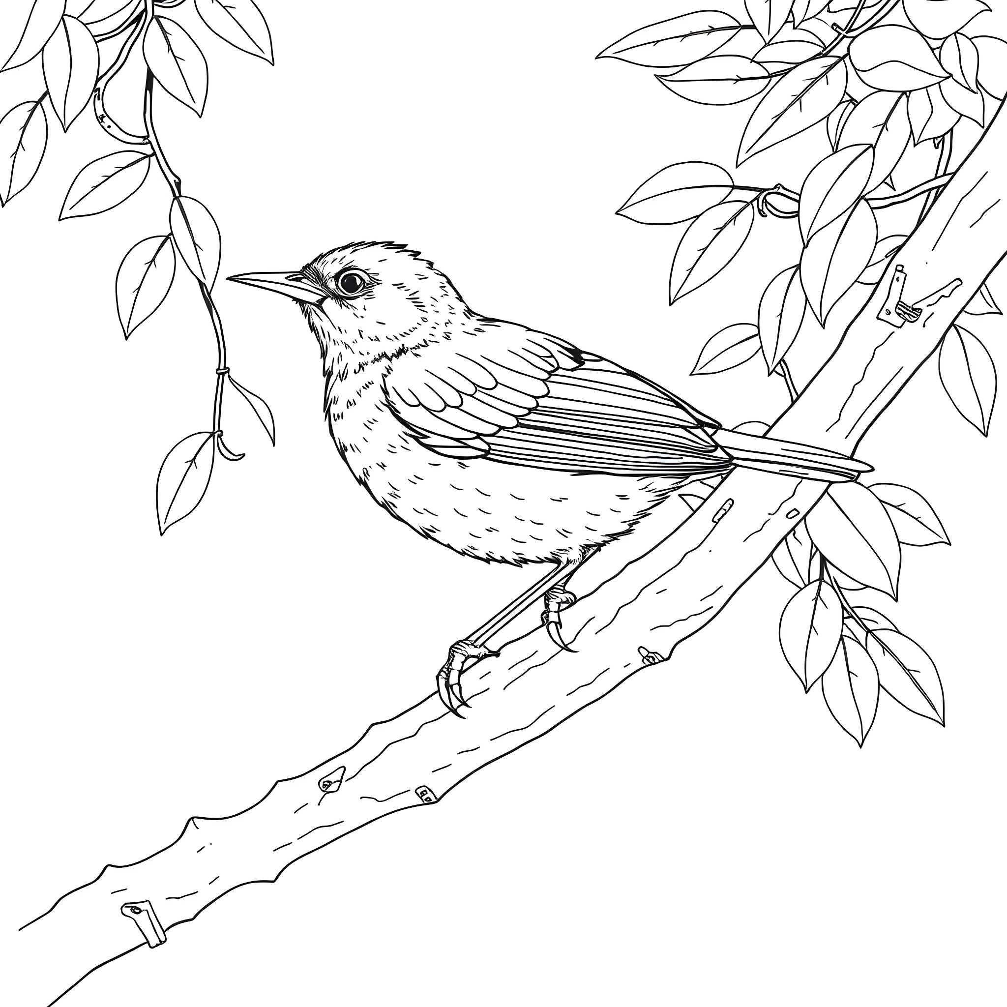 Setophaga Petechia perched on branch with foliage Coloring Page (free black-and-white line drawing printable PDF for all, from beginners to advanced learners, including children, teens, adults, and seniors)