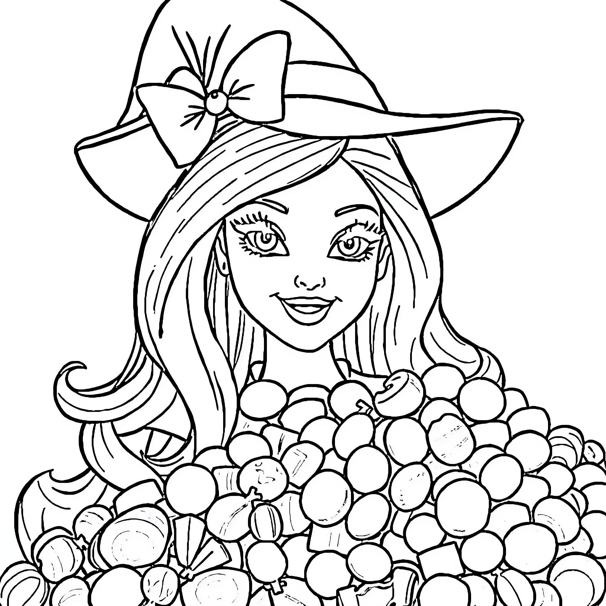 Barbie with floppy sun hat and floral accessories Coloring Page (free black-and-white line drawing printable PDF for all, from beginners to advanced learners, including children, teens, adults, and seniors)