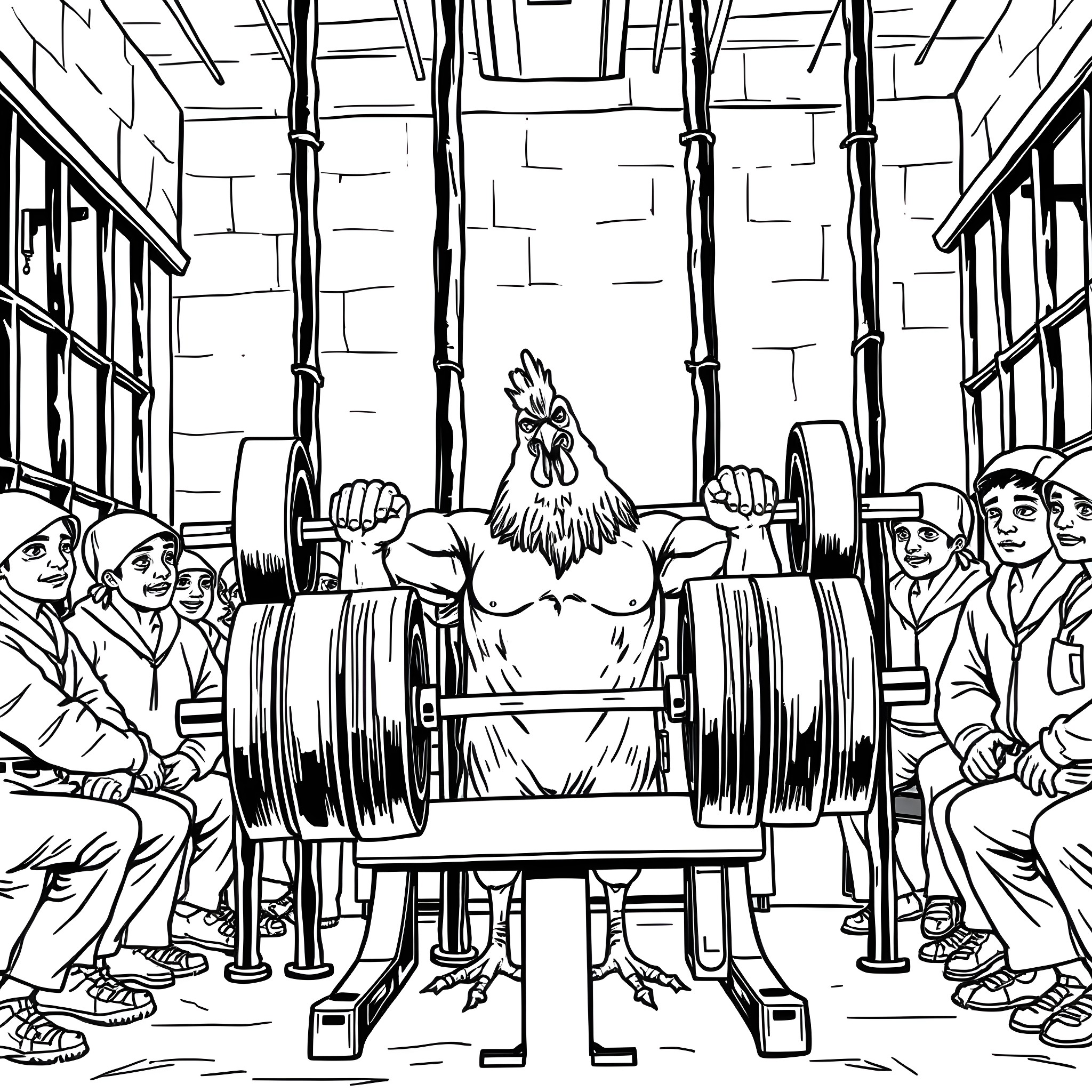 Chicken powerlifting amidst spectators in a gym Coloring Page (free black-and-white line drawing printable PDF for all, from beginners to advanced learners, including children, teens, adults, and seniors)