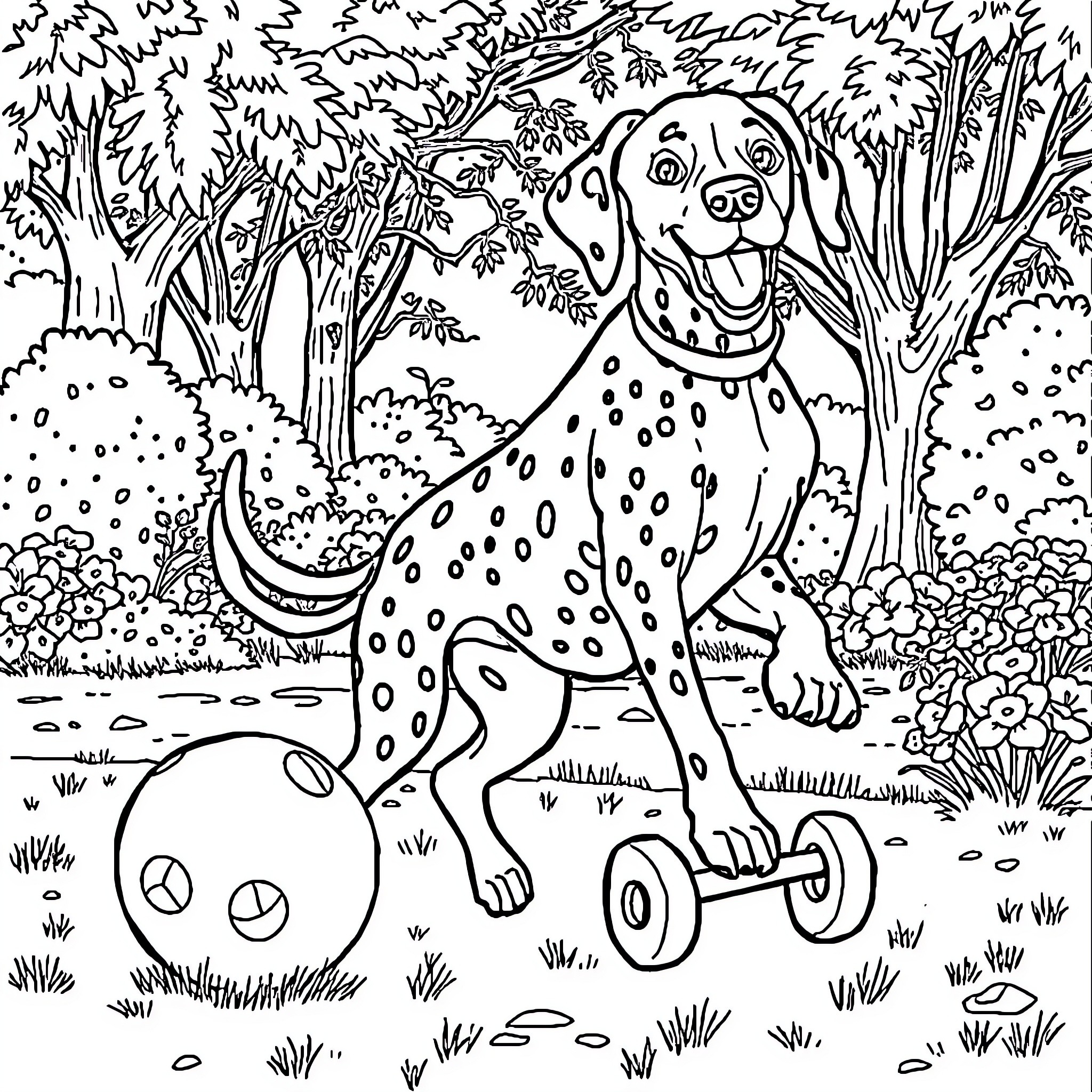 Dalmatian playing happily in the forest Coloring Page (free black-and-white line drawing printable PDF for all, from beginners to advanced learners, including children, teens, adults, and seniors)