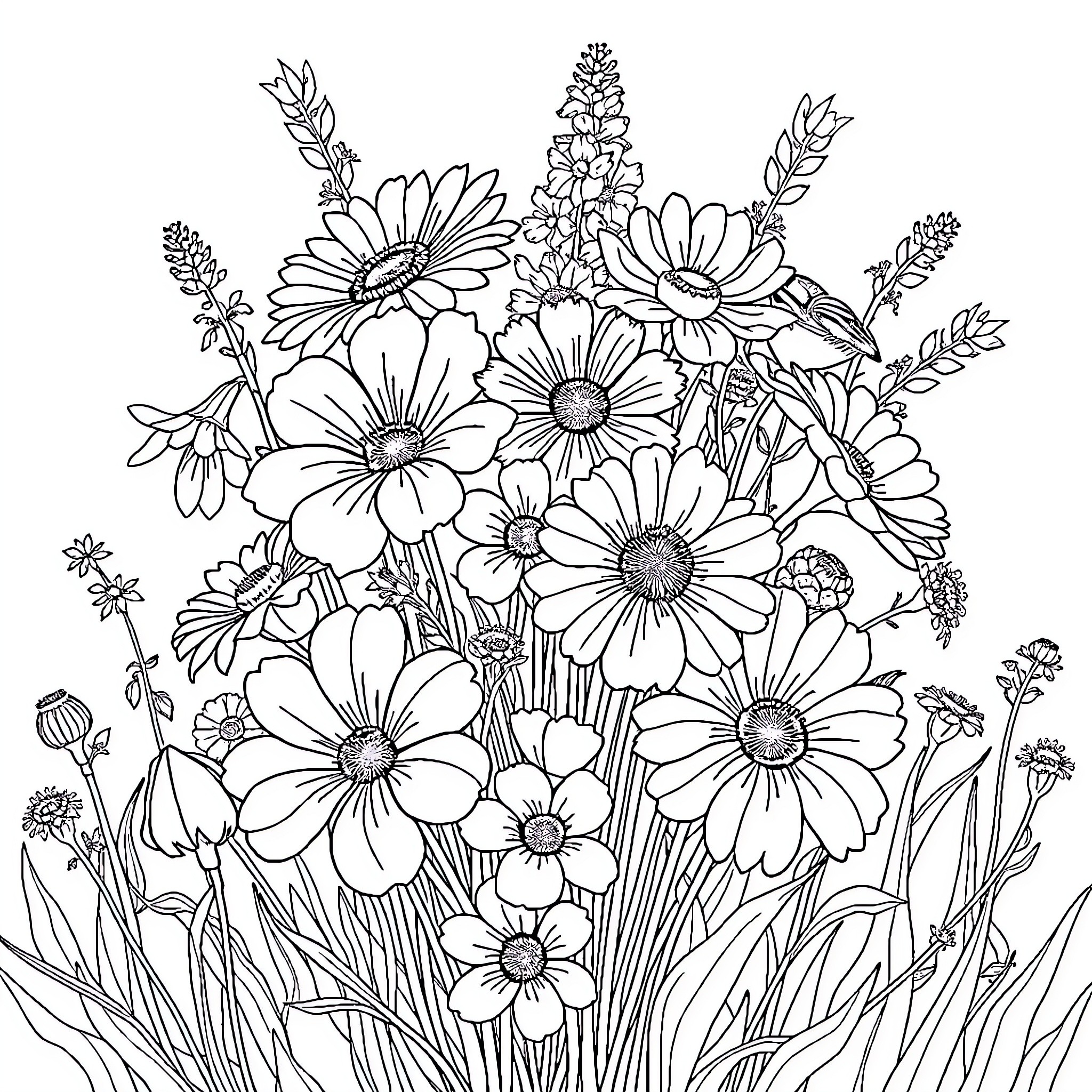 Flower Bouquet of Vibrant Blossoms Coloring Page (free black-and-white line drawing printable PDF for all, from beginners to advanced learners, including children, teens, adults, and seniors)