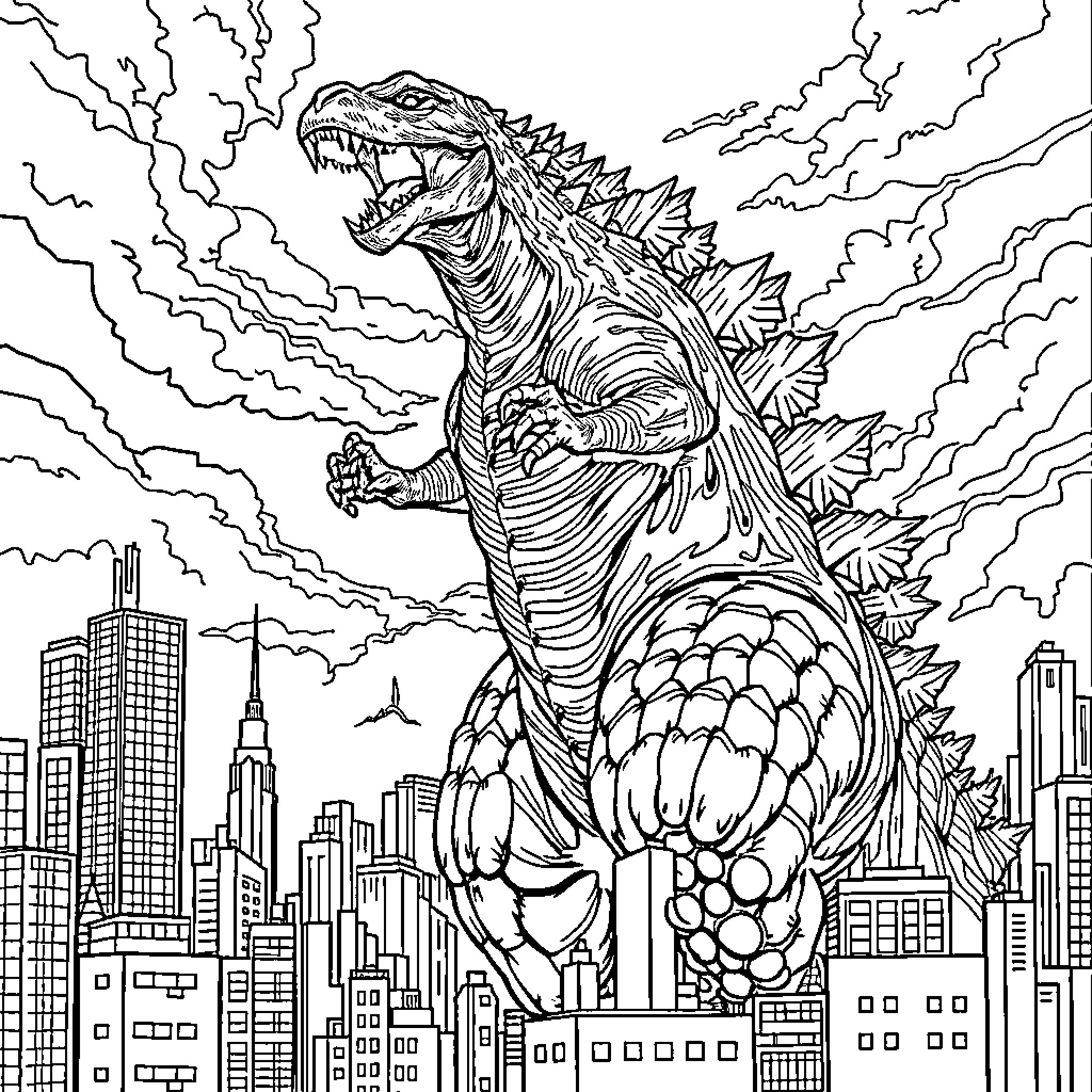 Godzilla Wreaking Havoc in the City Coloring Page (free black-and-white line drawing printable PDF for all, from beginners to advanced learners, including children, teens, adults, and seniors)