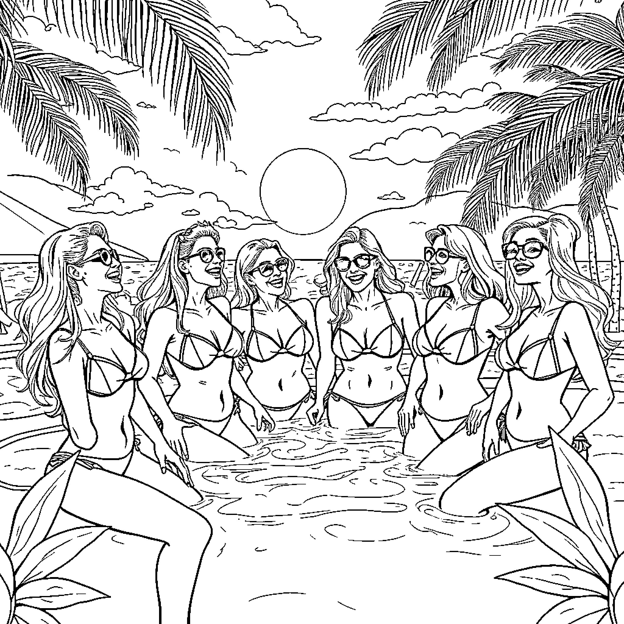 Bikini-clad women enjoying a tropical beach outing Coloring Page (free black-and-white line drawing printable PDF for all, from beginners to advanced learners, including children, teens, adults, and seniors)