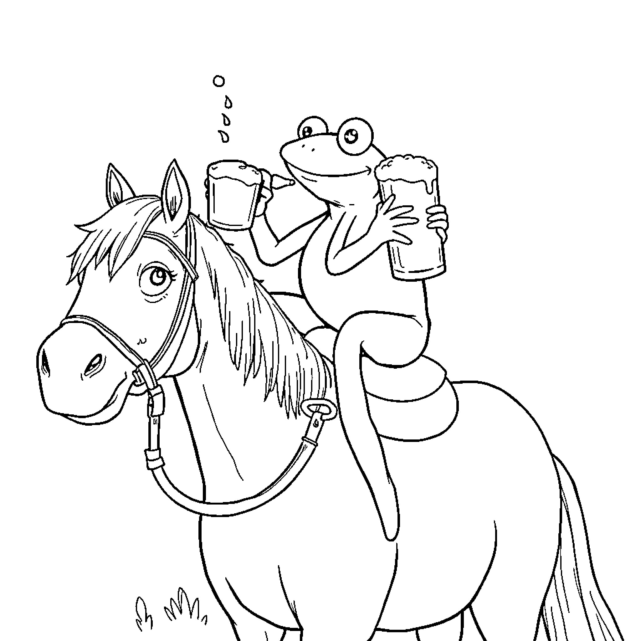 Frog riding a horse and holding a mug Coloring Page (free black-and-white line drawing printable PDF for all, from beginners to advanced learners, including children, teens, adults, and seniors)