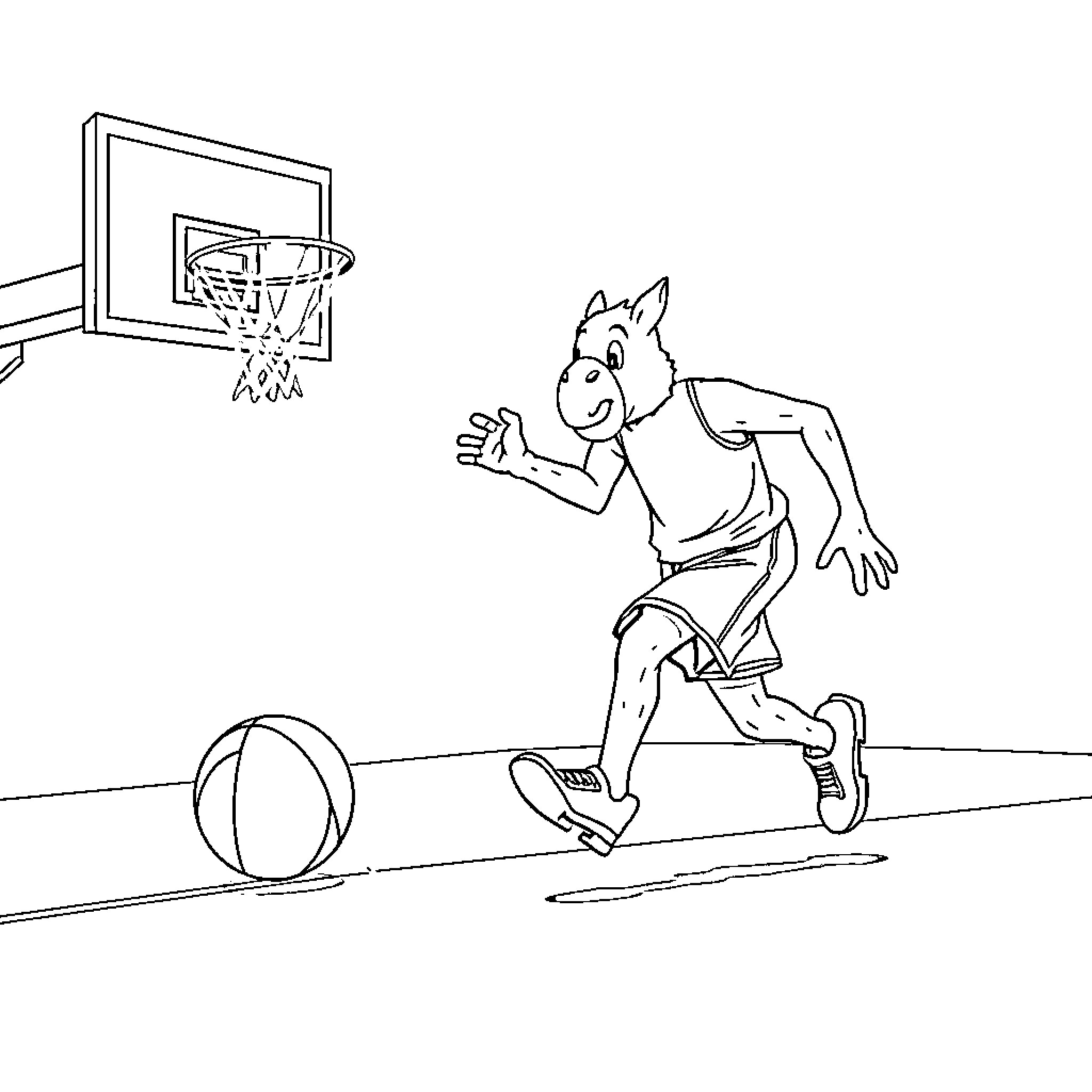 Carnotaurus playing basketball with a ball Coloring Page (free black-and-white line drawing printable PDF for all, from beginners to advanced learners, including children, teens, adults, and seniors)