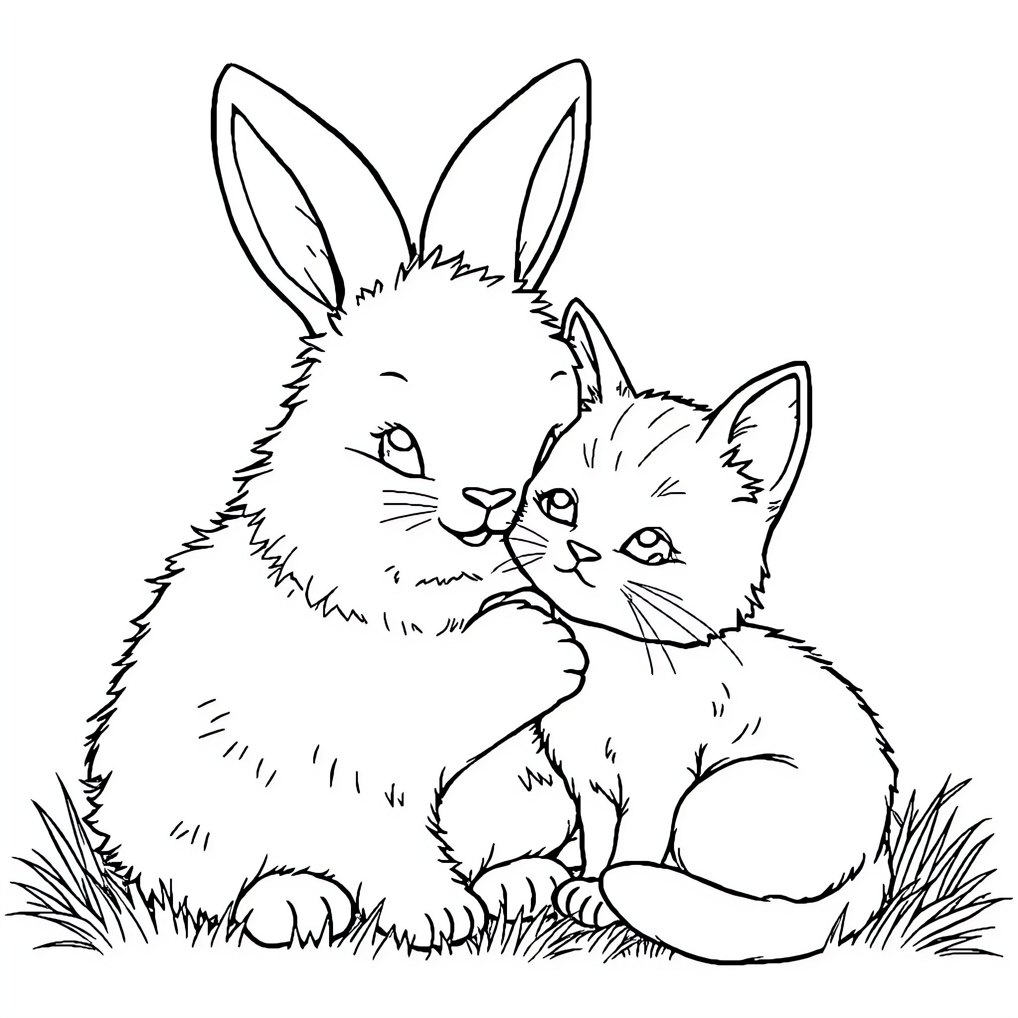 Rabbit and kitten resting together in the grass Coloring Page (free black-and-white line drawing printable PDF for all, from beginners to advanced learners, including children, teens, adults, and seniors)