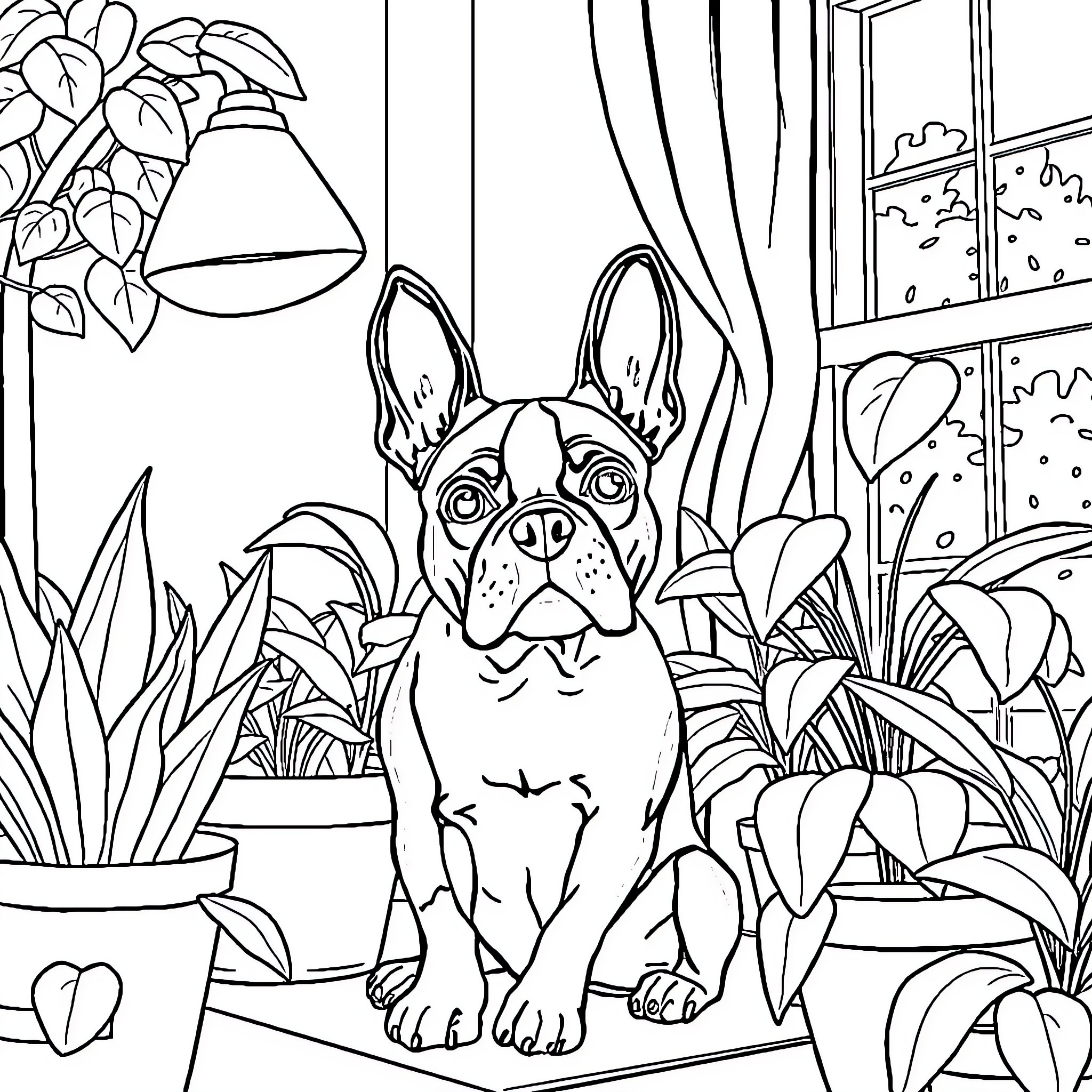 Boston Terrier relaxing in indoor garden Coloring Page (free black-and-white line drawing printable PDF for all, from beginners to advanced learners, including children, teens, adults, and seniors)