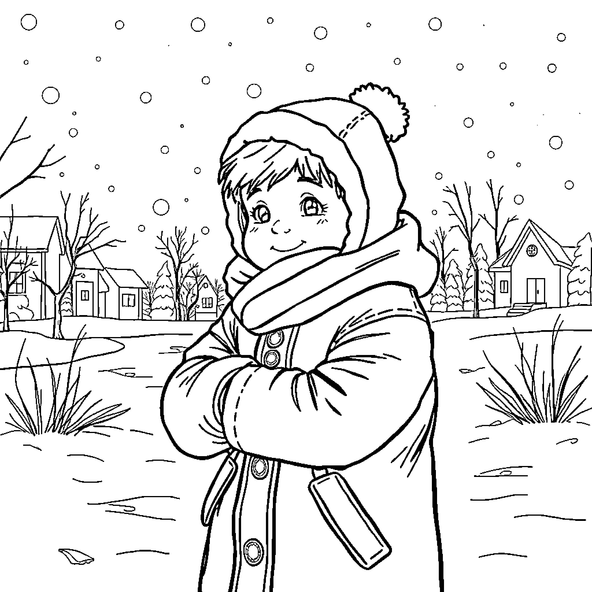Boy enjoying winter wonderland in the snow Coloring Page (free black-and-white line drawing printable PDF for all, from beginners to advanced learners, including children, teens, adults, and seniors)