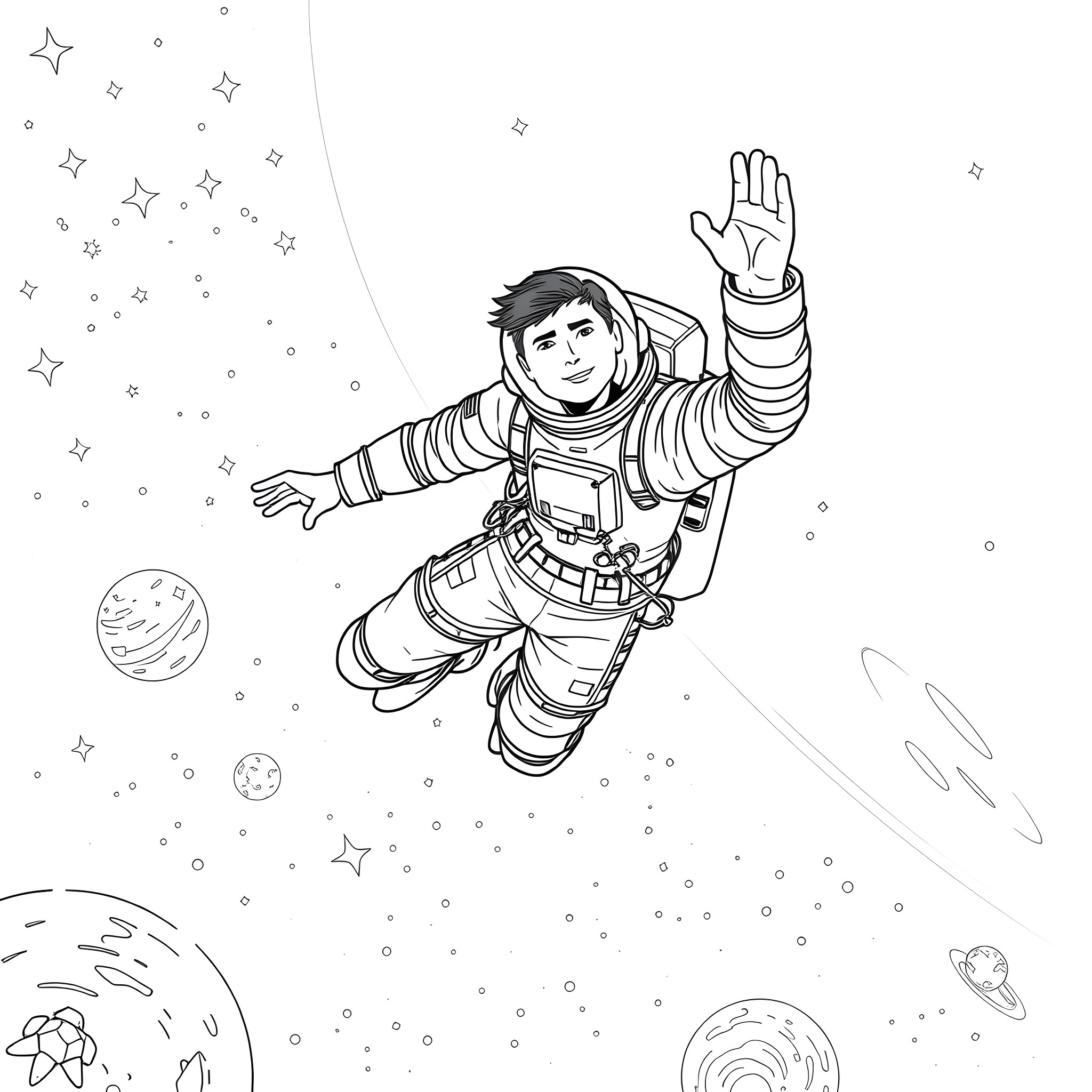 Harry Maguire floating in outer space Coloring Page (free black-and-white line drawing printable PDF for all, from beginners to advanced learners, including children, teens, adults, and seniors)
