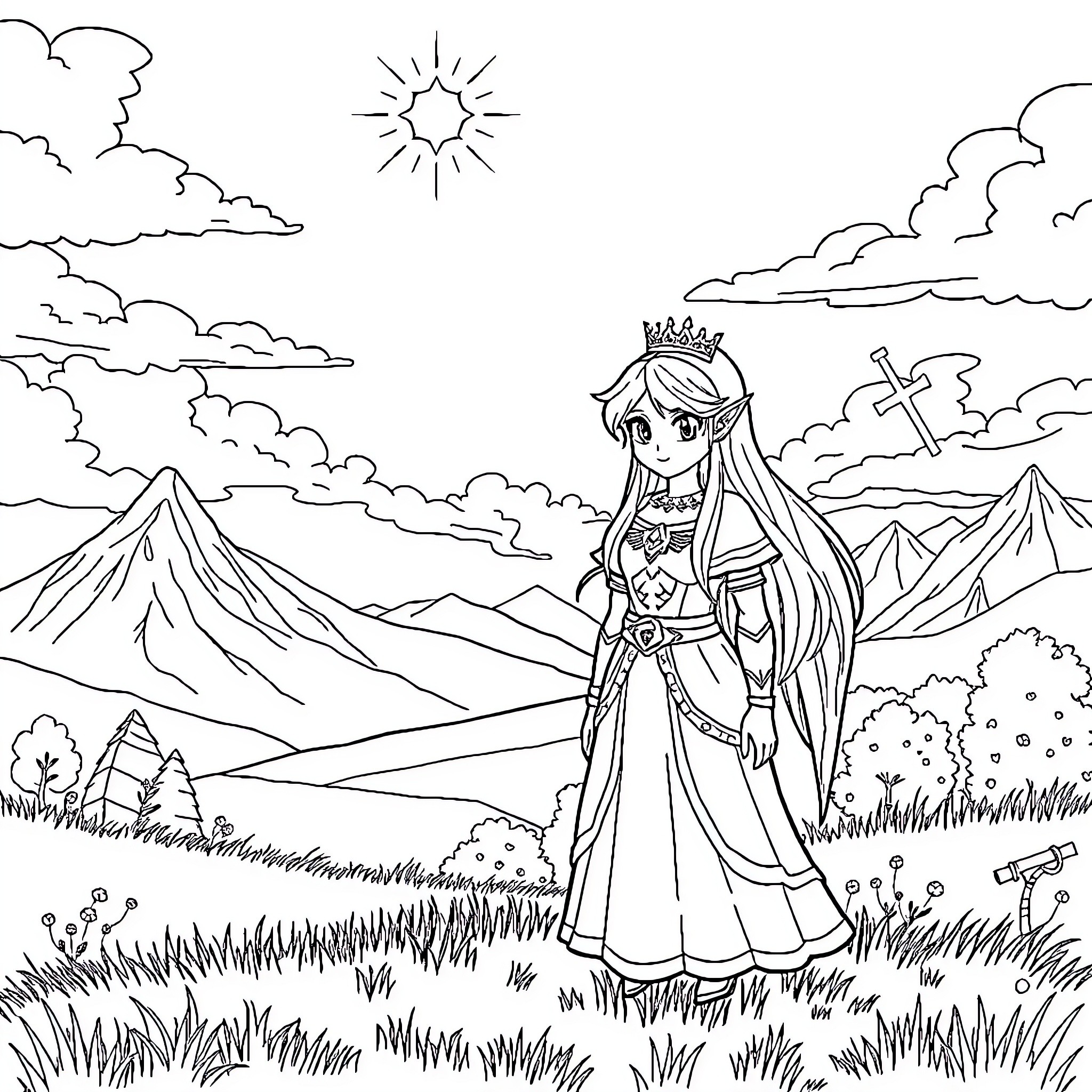 Princess Zelda exploring the scenic mountain landscape Coloring Page (free black-and-white line drawing printable PDF for all, from beginners to advanced learners, including children, teens, adults, and seniors)