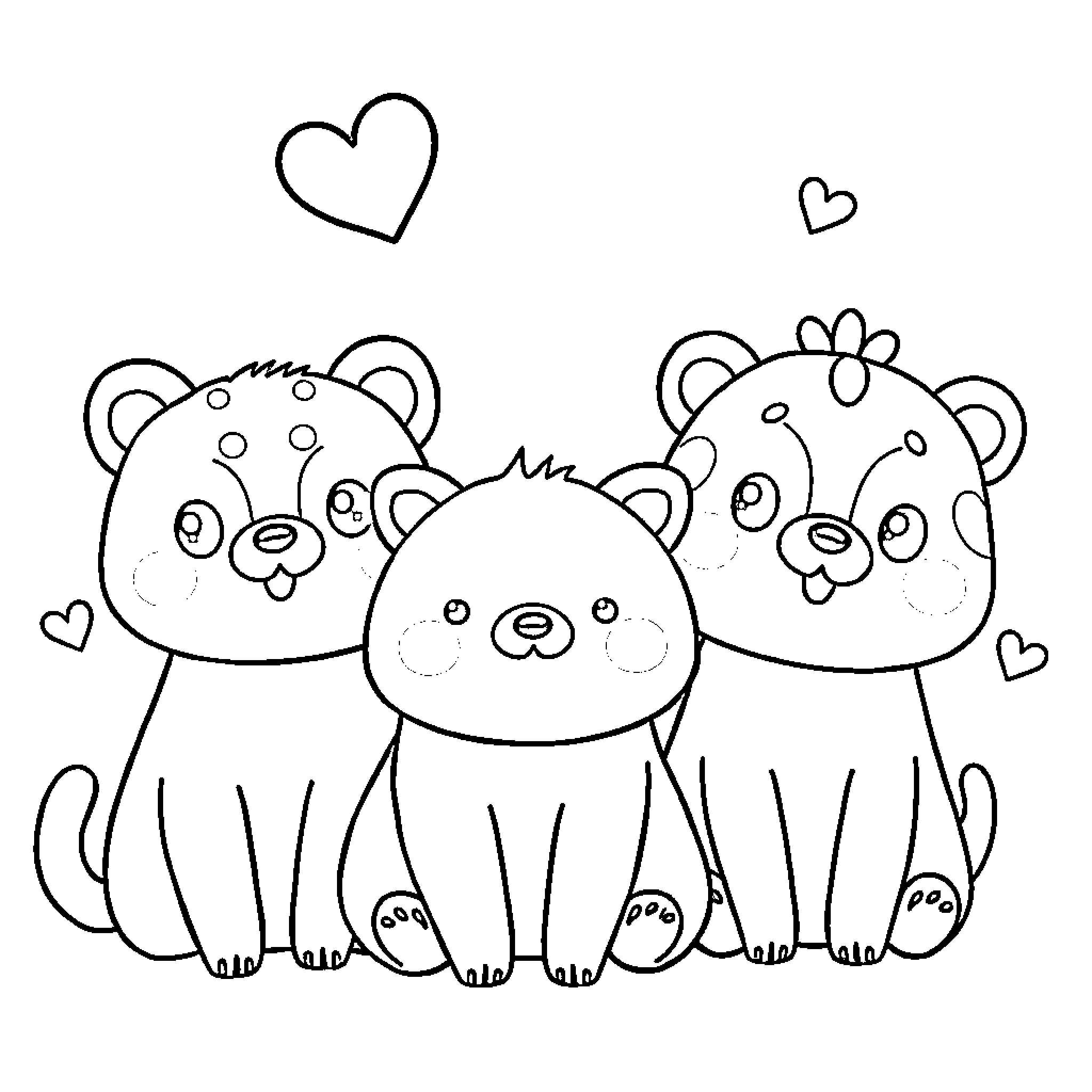 Kawaii Cuddly Cartoon Companions Coloring Page (free black-and-white line drawing printable PDF for all, from beginners to advanced learners, including children, teens, adults, and seniors)
