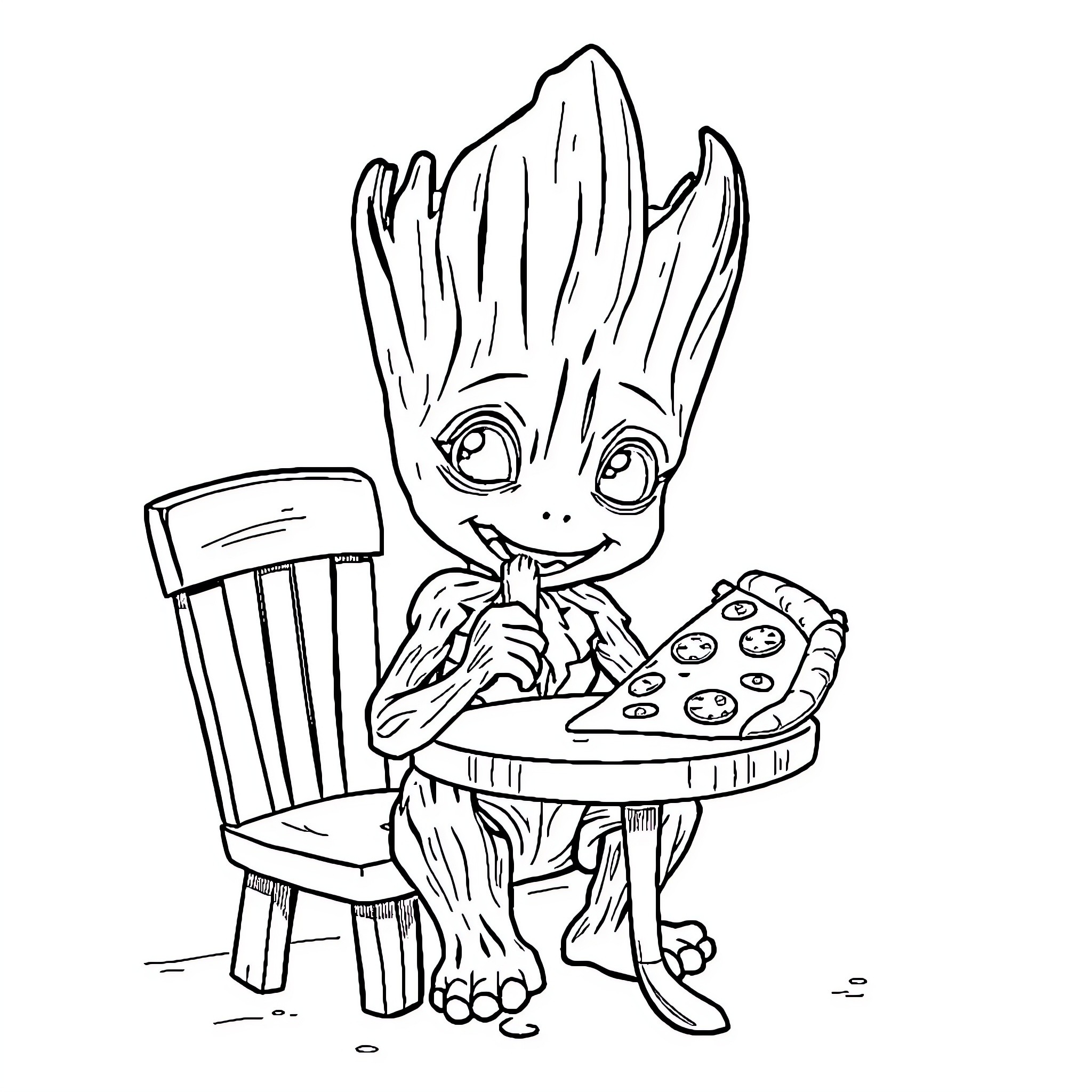 Groot Enjoying a Slice of Pizza Coloring Page (free black-and-white line drawing printable PDF for all, from beginners to advanced learners, including children, teens, adults, and seniors)