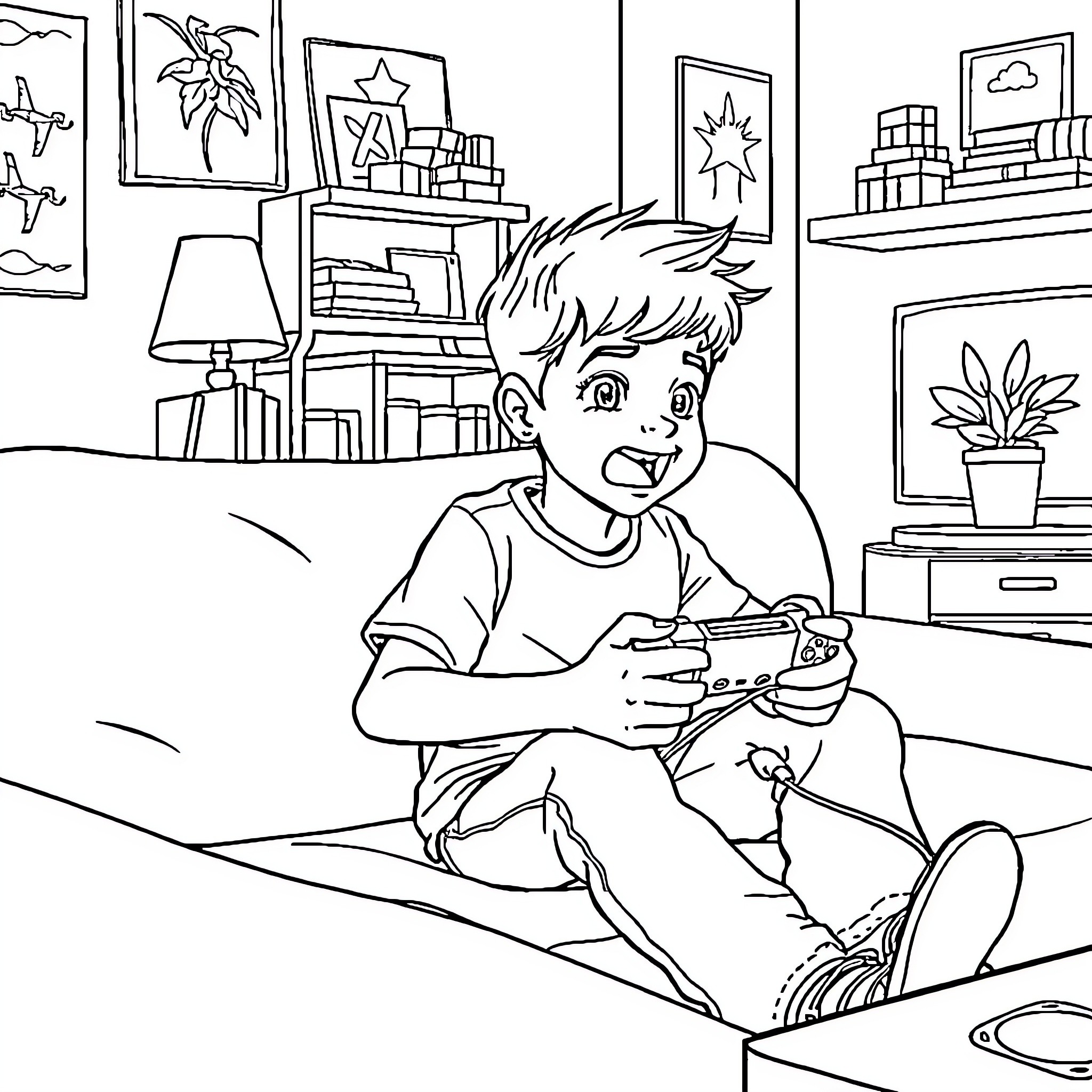 Niño enjoying video game in room Coloring Page (free black-and-white line drawing printable PDF for all, from beginners to advanced learners, including children, teens, adults, and seniors)