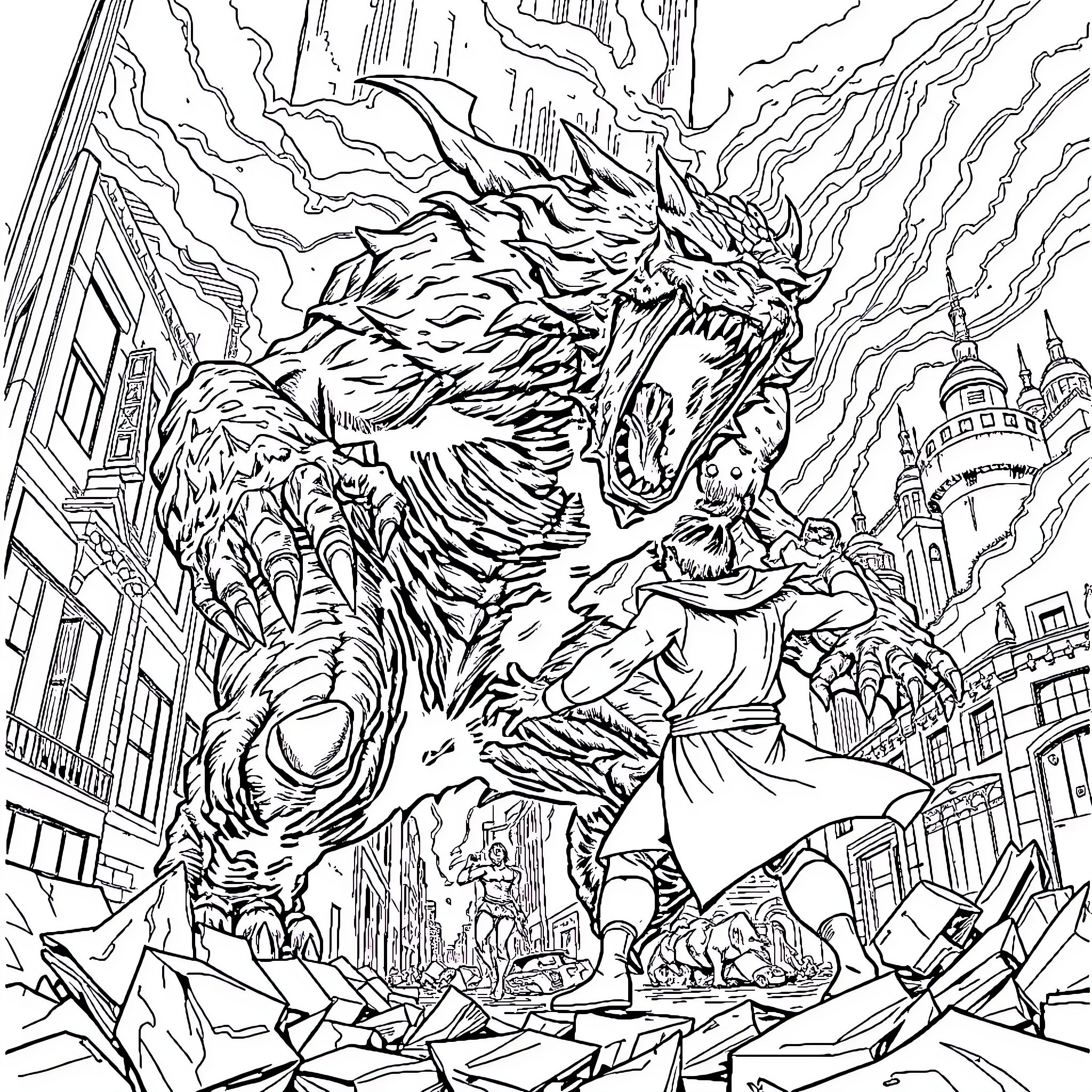 Utramen - Colossal Beast Wreaking Havoc in the City Coloring Page (free black-and-white line drawing printable PDF for all, from beginners to advanced learners, including children, teens, adults, and seniors)