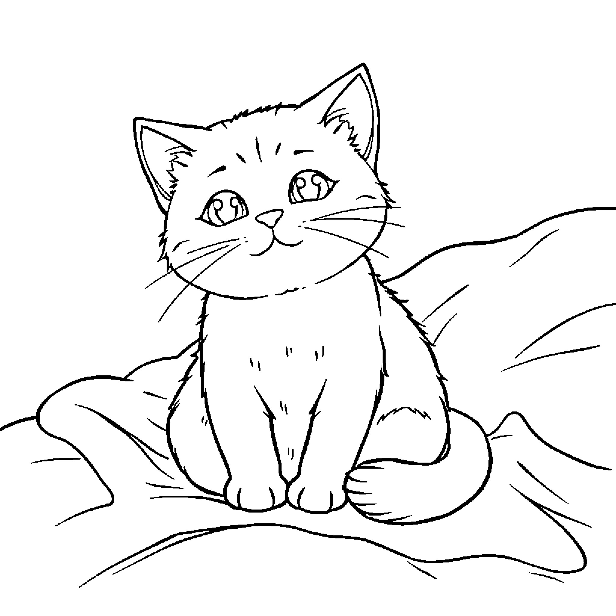 Cat sitting contentedly on the bedsheet Coloring Page (free black-and-white line drawing printable PDF for all, from beginners to advanced learners, including children, teens, adults, and seniors)