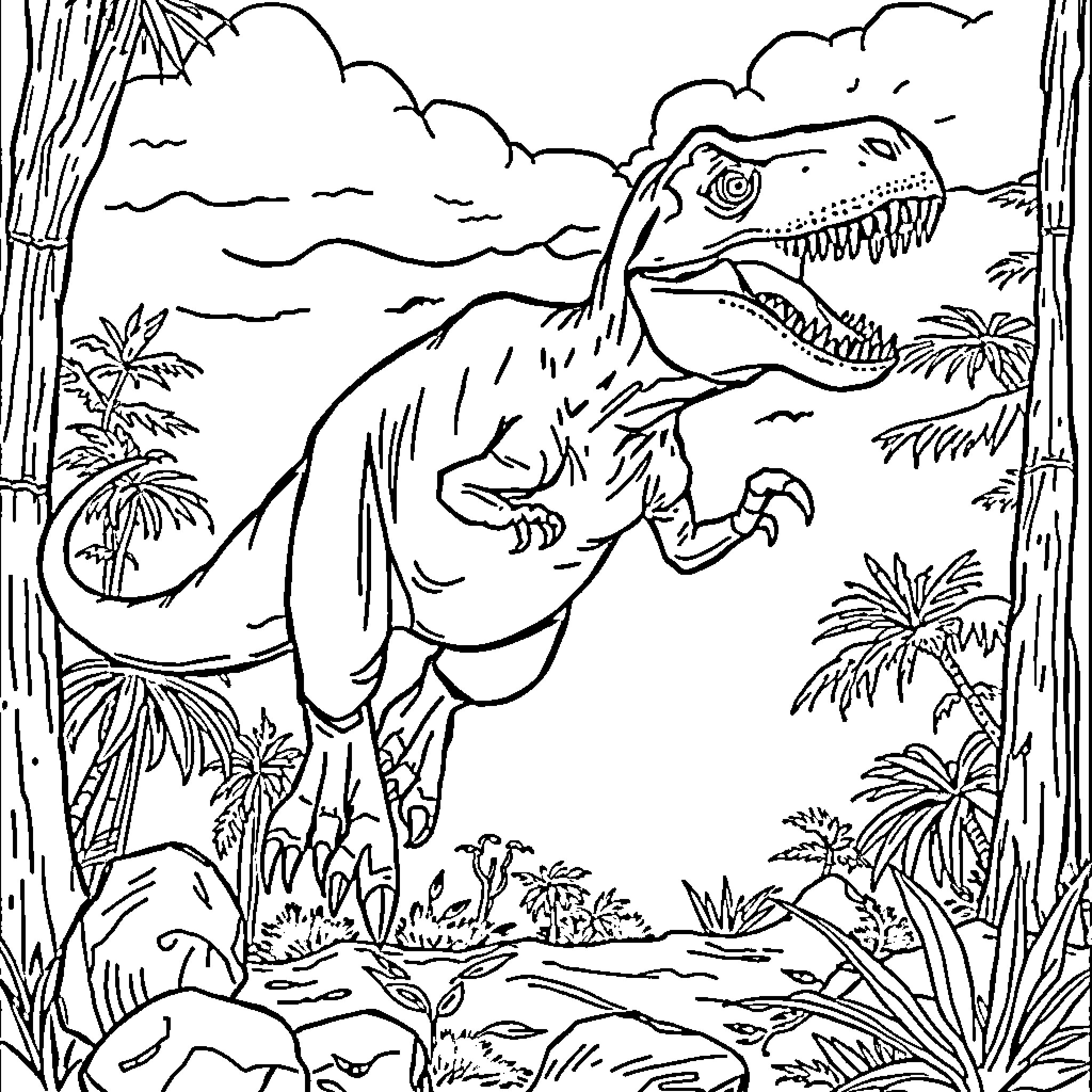 Velociraptor Hunting in the Prehistoric Jungle Coloring Page (free black-and-white line drawing printable PDF for all, from beginners to advanced learners, including children, teens, adults, and seniors)