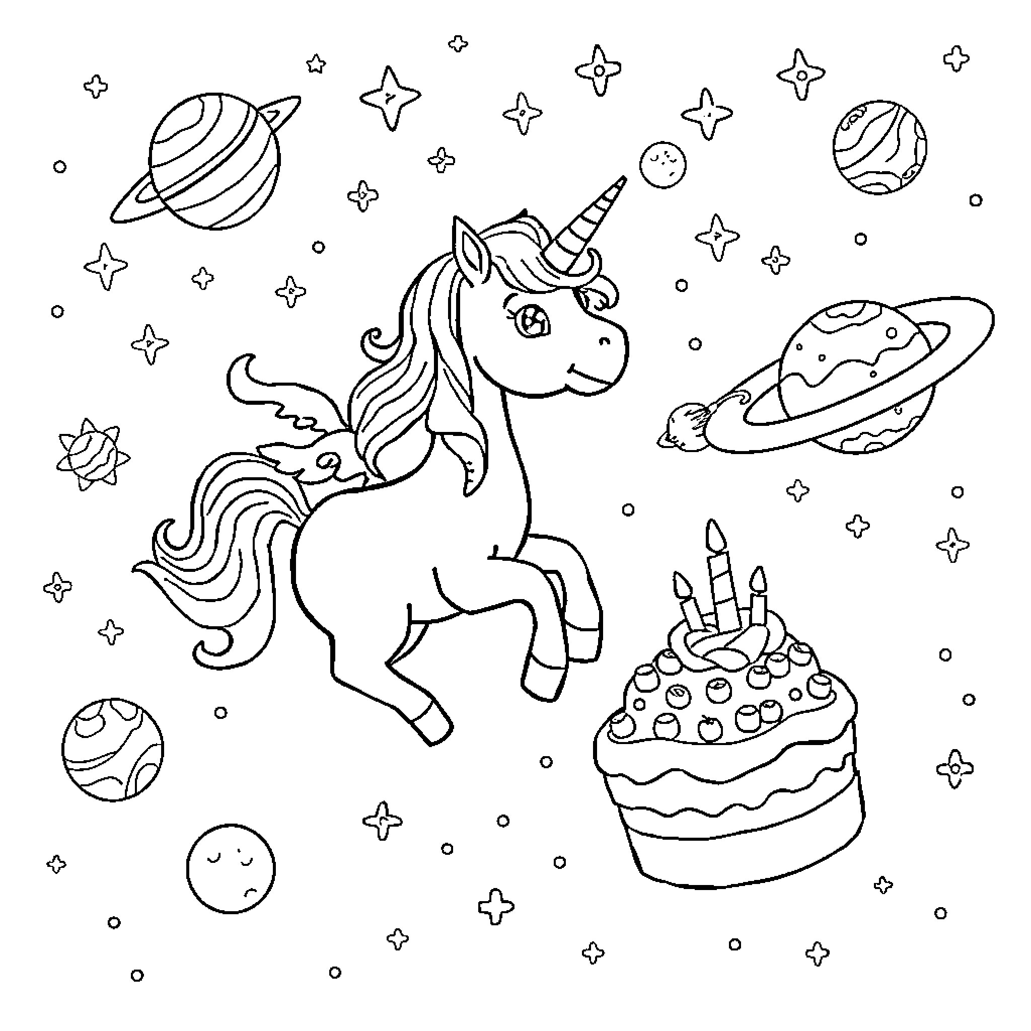 Unicorn exploring the magical universe with cake Coloring Page (free black-and-white line drawing printable PDF for all, from beginners to advanced learners, including children, teens, adults, and seniors)