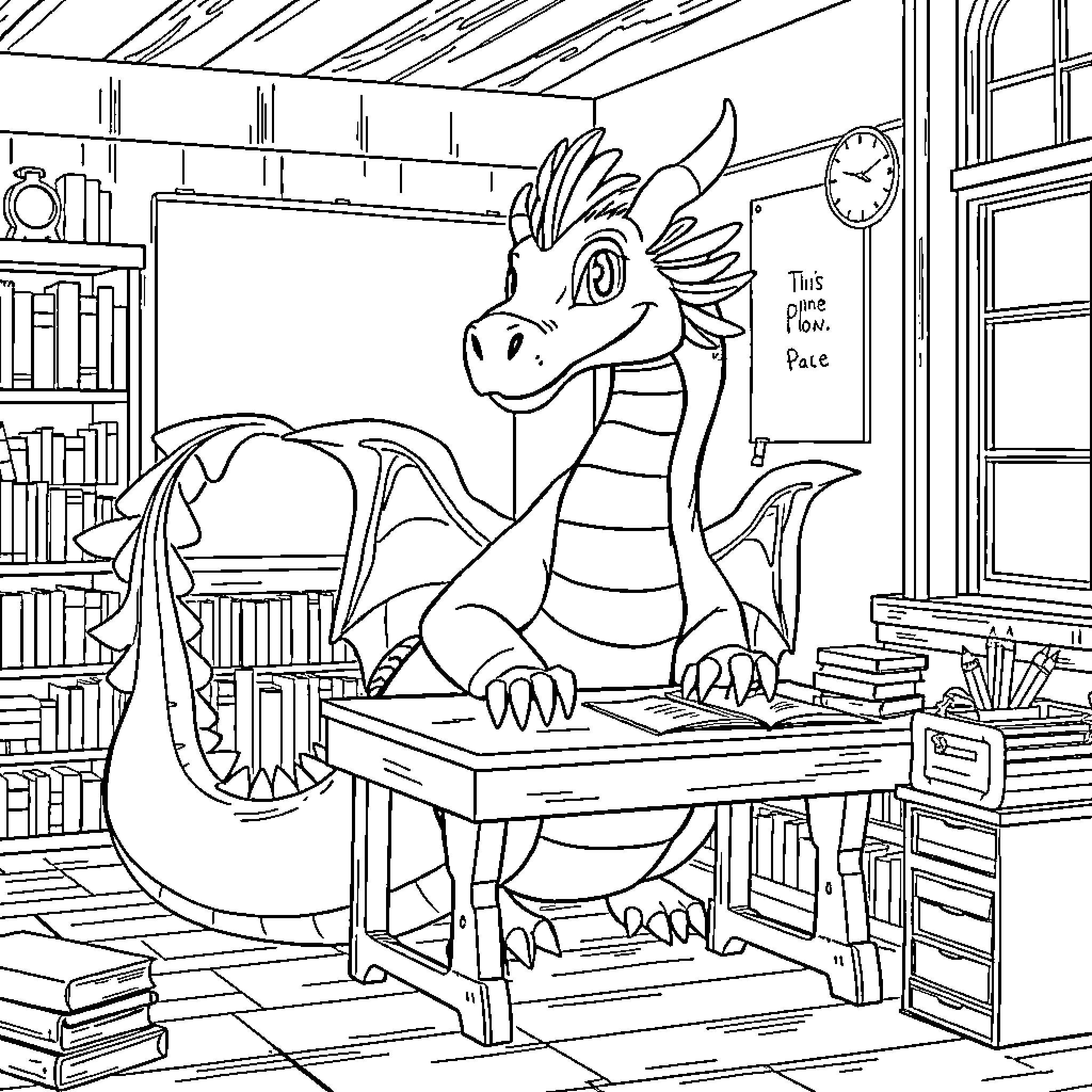 Dragon studying diligently in the library Coloring Page (free black-and-white line drawing printable PDF for all, from beginners to advanced learners, including children, teens, adults, and seniors)