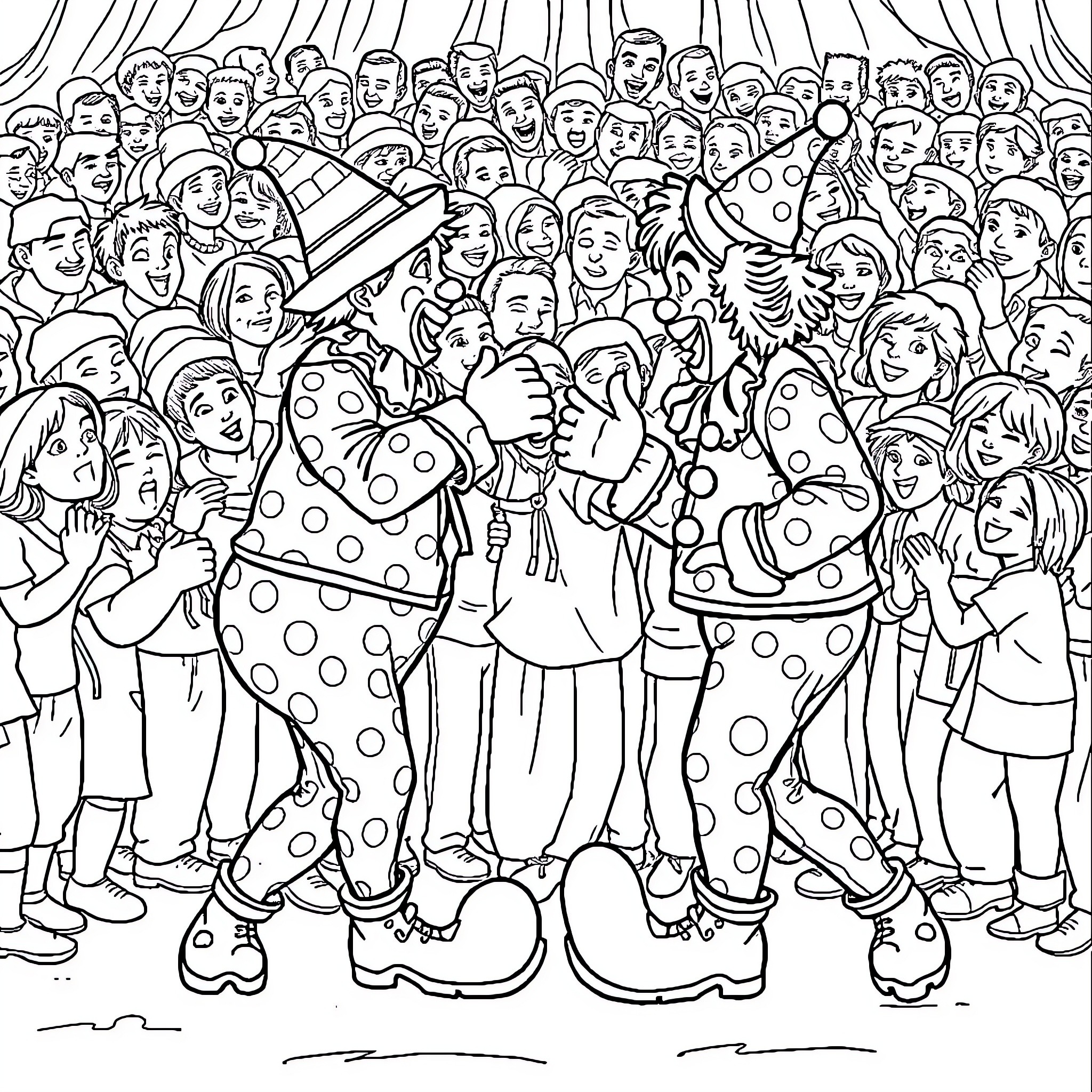 Clowns entertaining a lively crowd in a circus performance Coloring Page (free black-and-white line drawing printable PDF for all, from beginners to advanced learners, including children, teens, adults, and seniors)