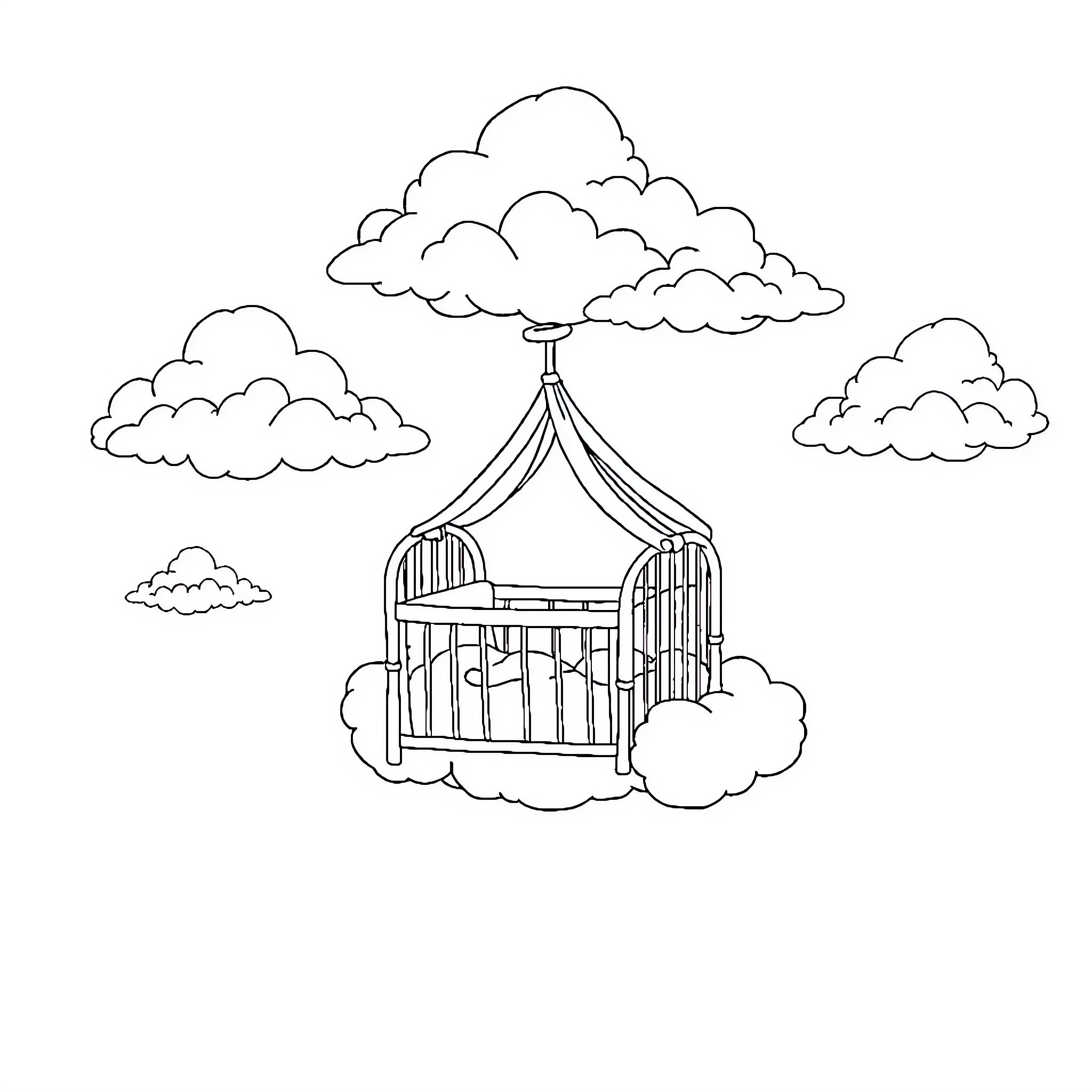 Crib floating among clouds in the sky Coloring Page (free black-and-white line drawing printable PDF for all, from beginners to advanced learners, including children, teens, adults, and seniors)