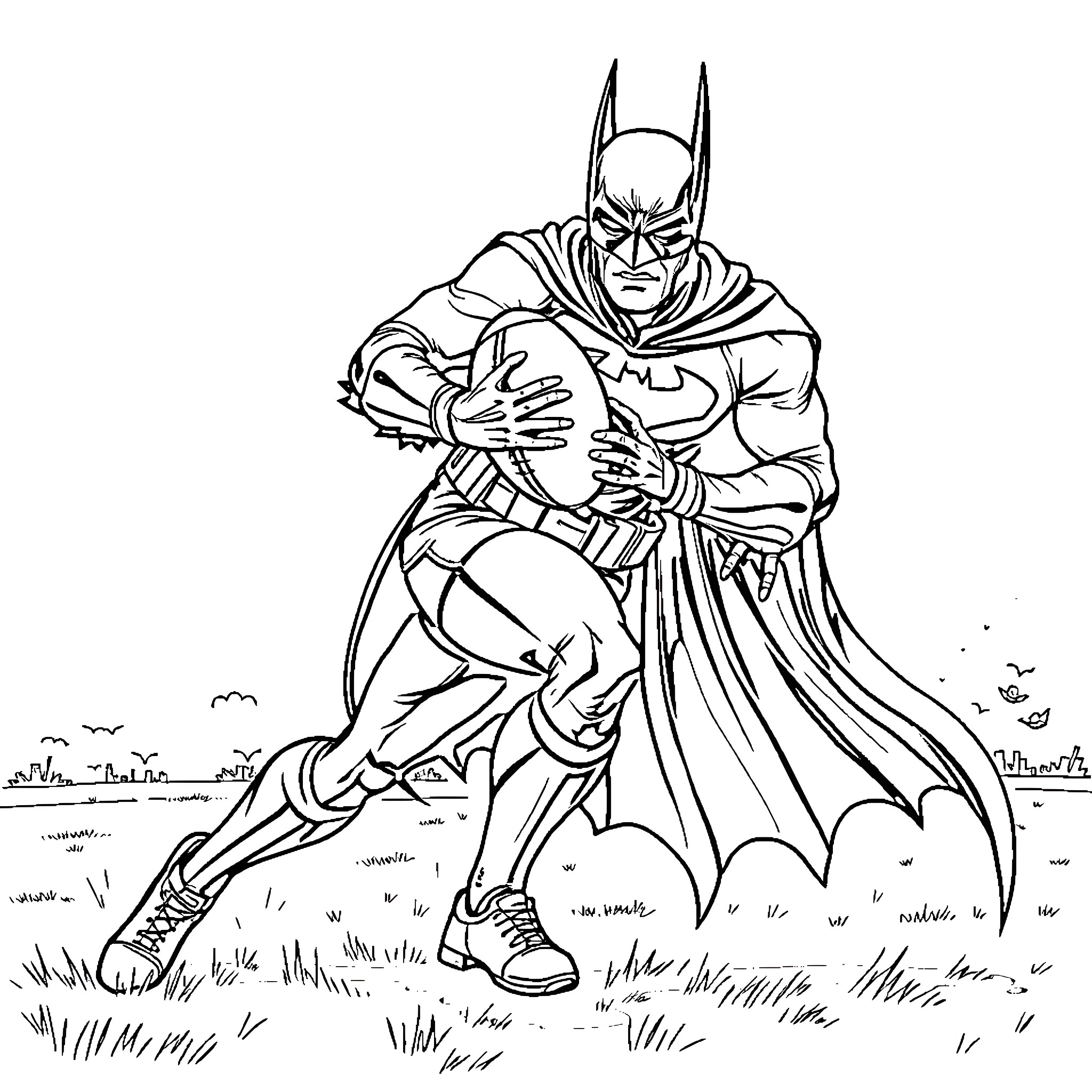Batman in Action Pose Coloring Page (free black-and-white line drawing printable PDF for all, from beginners to advanced learners, including children, teens, adults, and seniors)